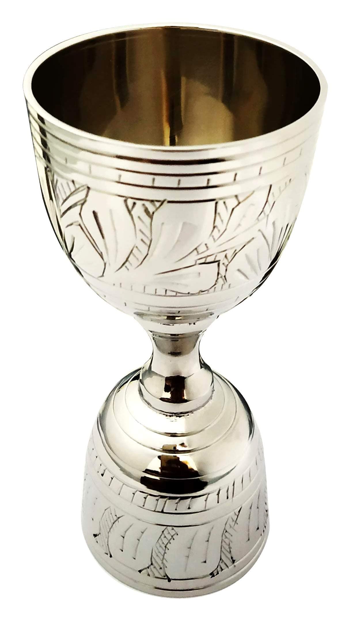 Akanksha Arts Electro Plated Nickel Silver with Chrome Finish Peg Measure Cup, 30 ml / 60 ml, with Alluring Engraving