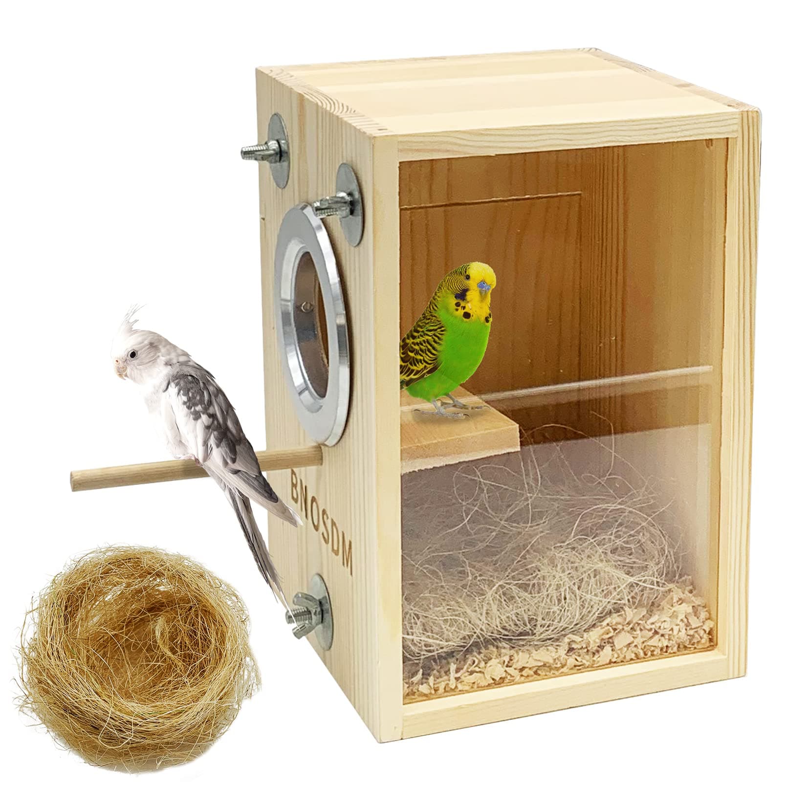BNOSDM Parakeet Nesting Box Transparent Bird Breeding Nest Boxes Natural Wood Bird Cage (M)