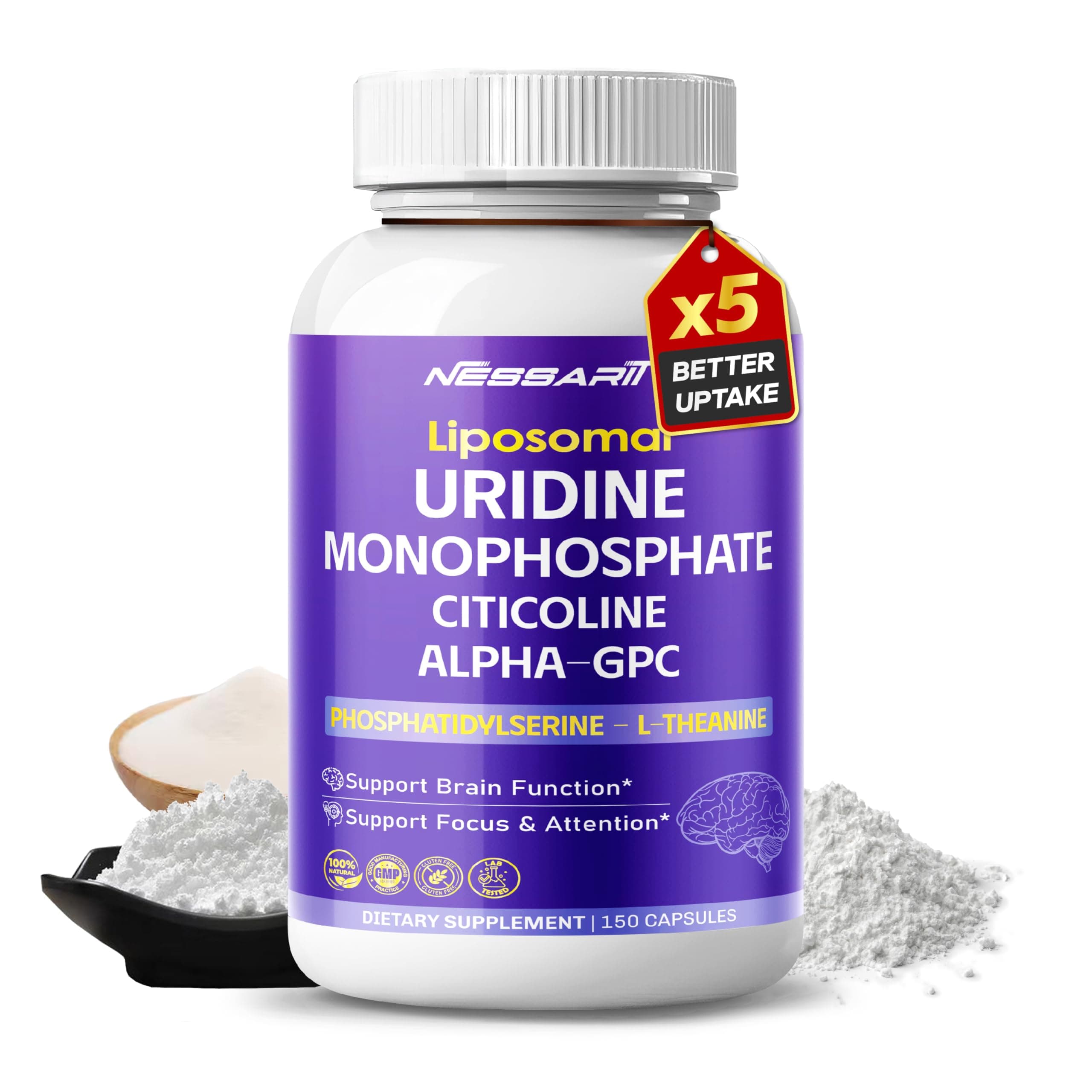 Uridine Monophosphate, Citicoline, Alpha-GPC, Phosphatidylserine & L-Theanine – Support Brain Function & Focus – 150 Capsules