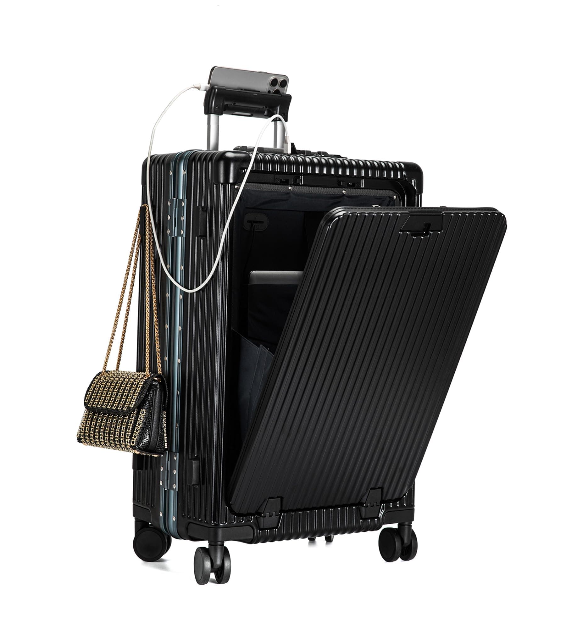 Aluminium Frame PC Hard Shell Spinner Wheels Luggage,22.5"X15"X9.5" Airline Approved Built-In TSA lock Carry on Suitcase, with Cup Holder, USB Port, Phone Holder