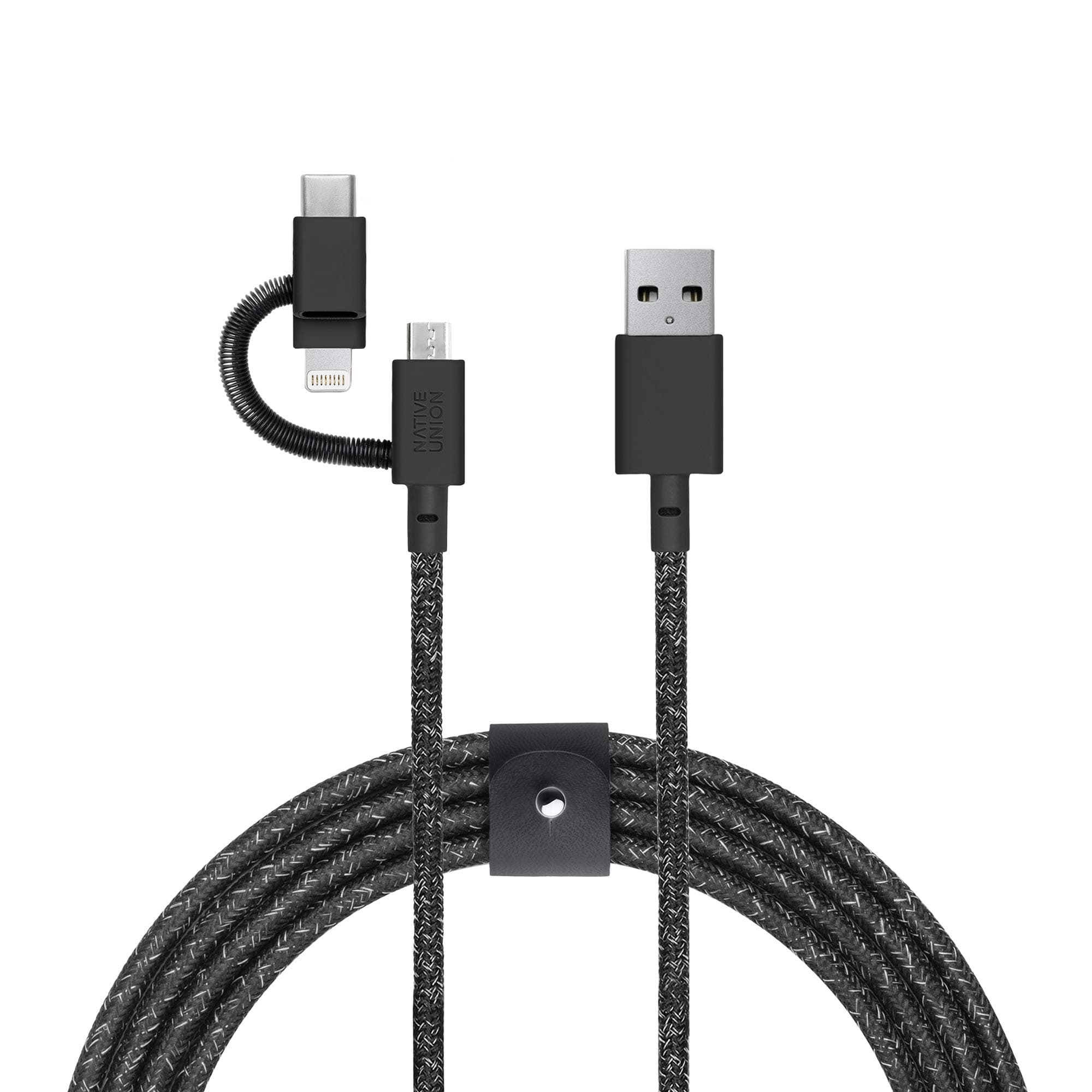 Belt Cable Universal - 2m (6.5ft) Ultra-Strong Reinforced [MFi Certified] Durable Charging Cable with 3-in-1 Adaptor for Lightning, USB-C and Micro-USB Devices (Black)