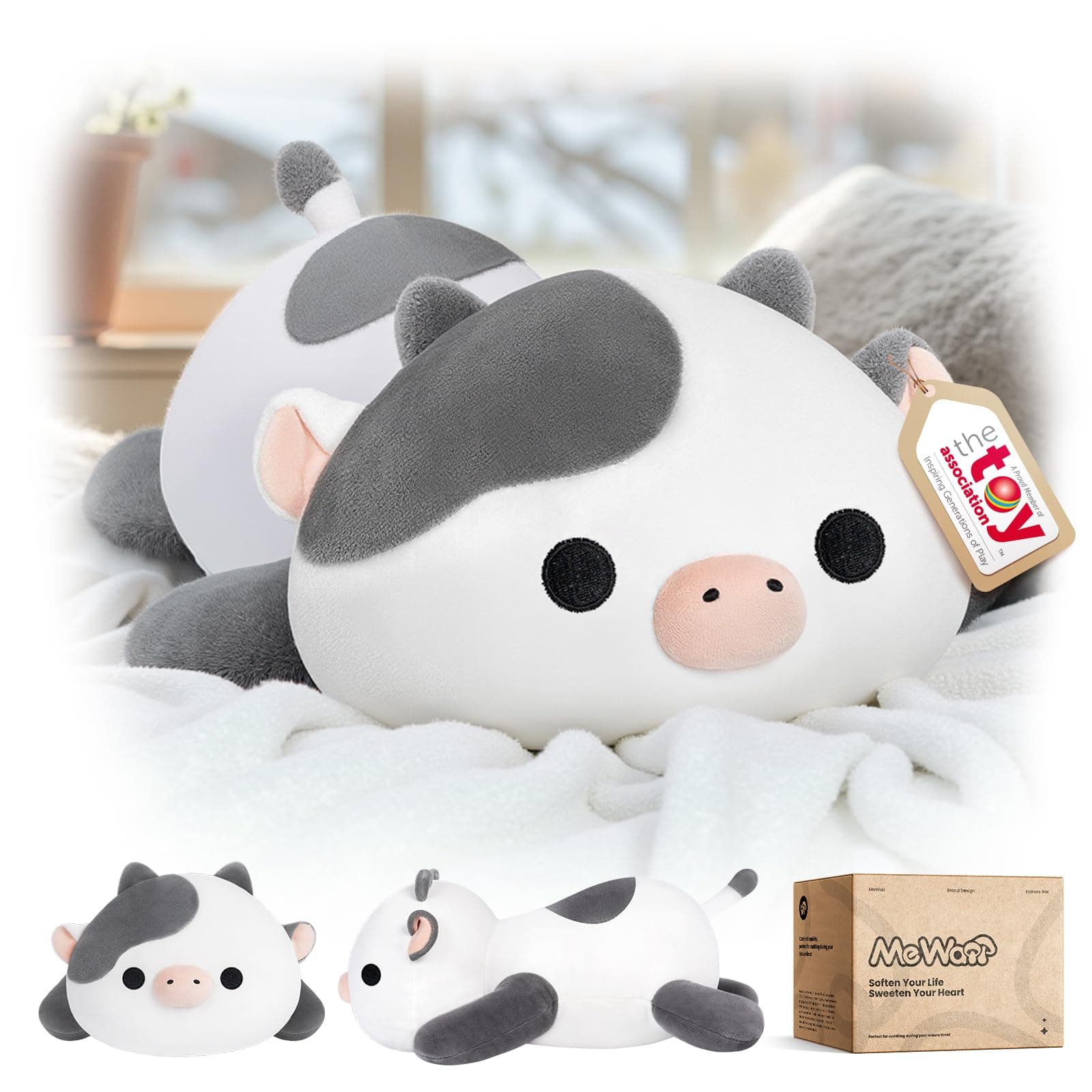 Mewaii Cute Cow Soft Toy 13 Inches, Kawaii White Cow Shaped Pillow, Soft Plush Cushion for Children, Anti-Stress Cuddle Toy, Original Gift Idea