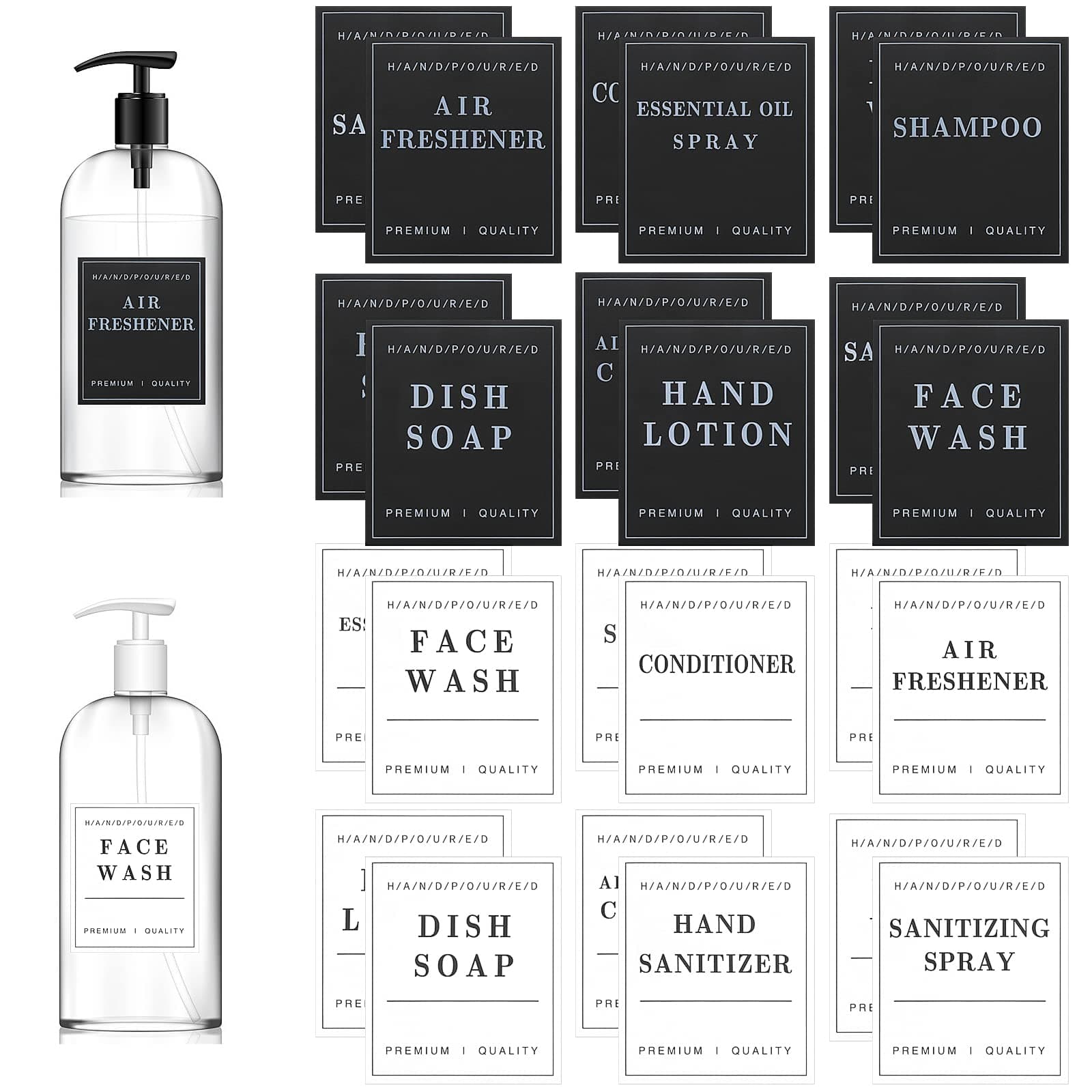 4 PCS Waterproof Soap Labels for Bottles, Bathroom Hand Shampoo and Conditioner Dispenser Label Stickers, Removable Labels for Soap, Lotion, Shampoo and Conditioner Bottles (Black, White)