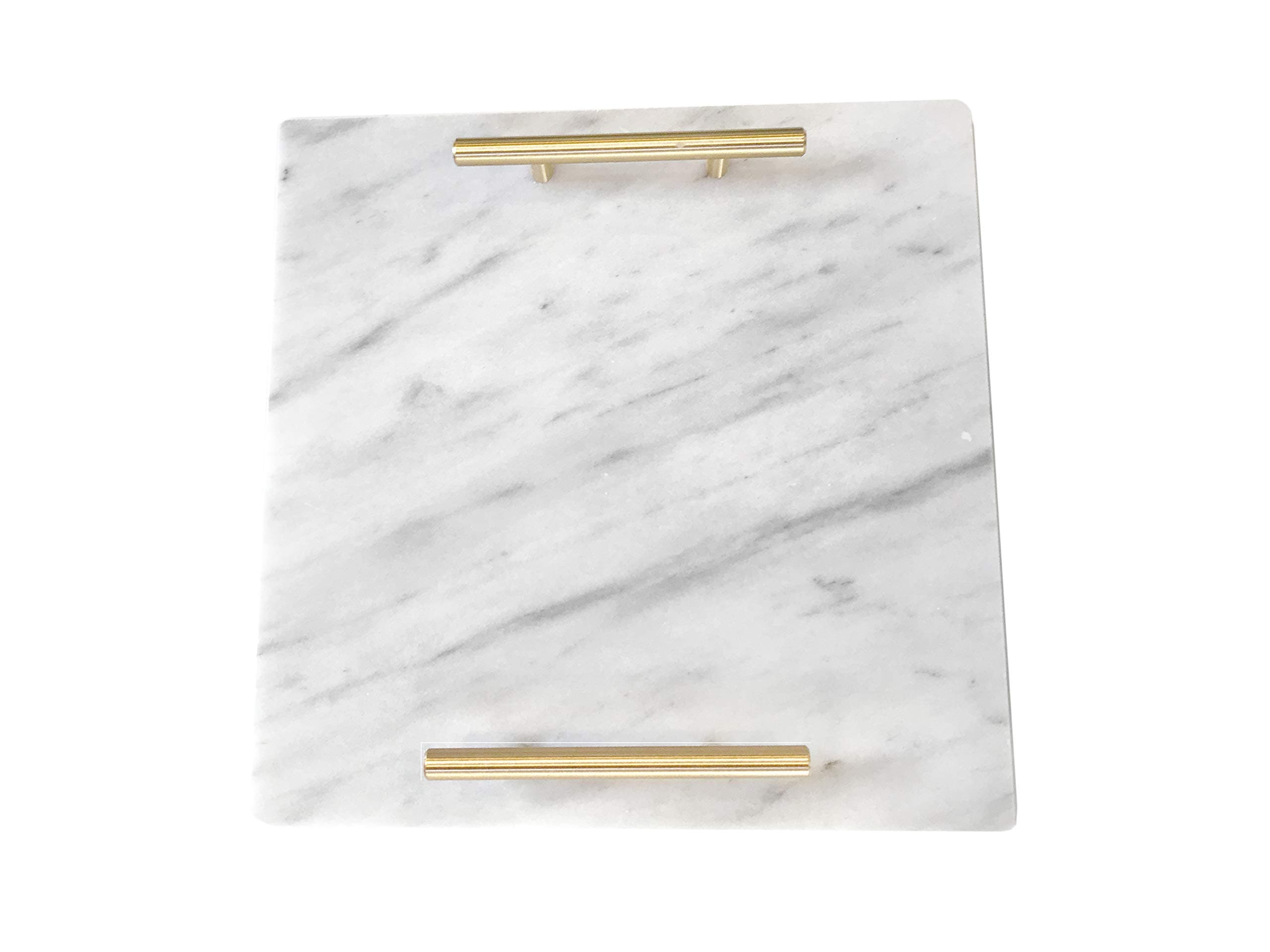 Cararra Blanco White Marble Slab Cheese Board with Gold Brushed Metal Handles