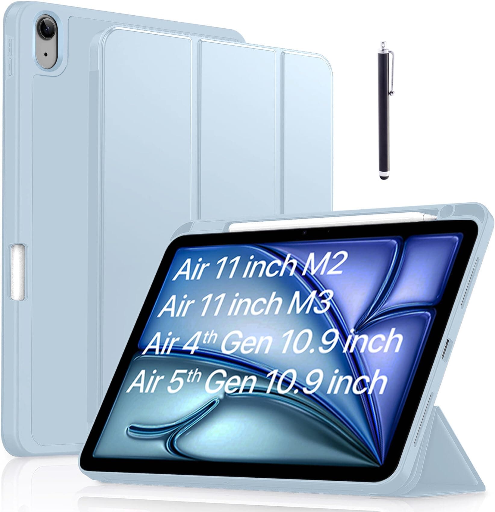 Robustrion Case Cover for iPad Air 11 inch M4/M3/M2 (2024/2025/2026)/iPad Air 4th 5th Generation Cover 10.9" with [Pencil Holder Right Side][Flexible Back][Auto Sleep Wake] and Stylus Pen - Light Blue