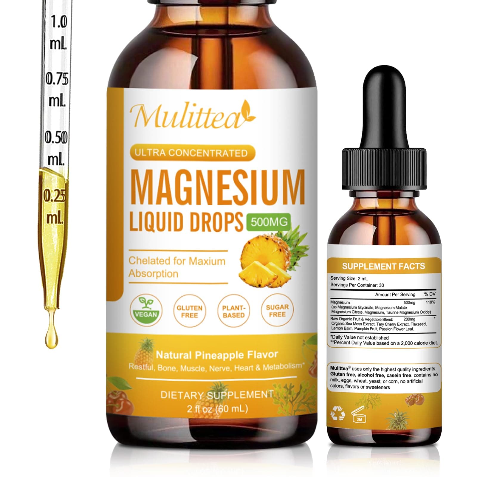 Magnesium Liquid Drops - High Absorption 5-in-1 Magnesium Complex Supplement with Magnesium Glycinate, Malate, Citrate, Taurate - for Bone, Muscles, Nerves & Energy - Vegan, Sugar Free, 2 Fl.oz
