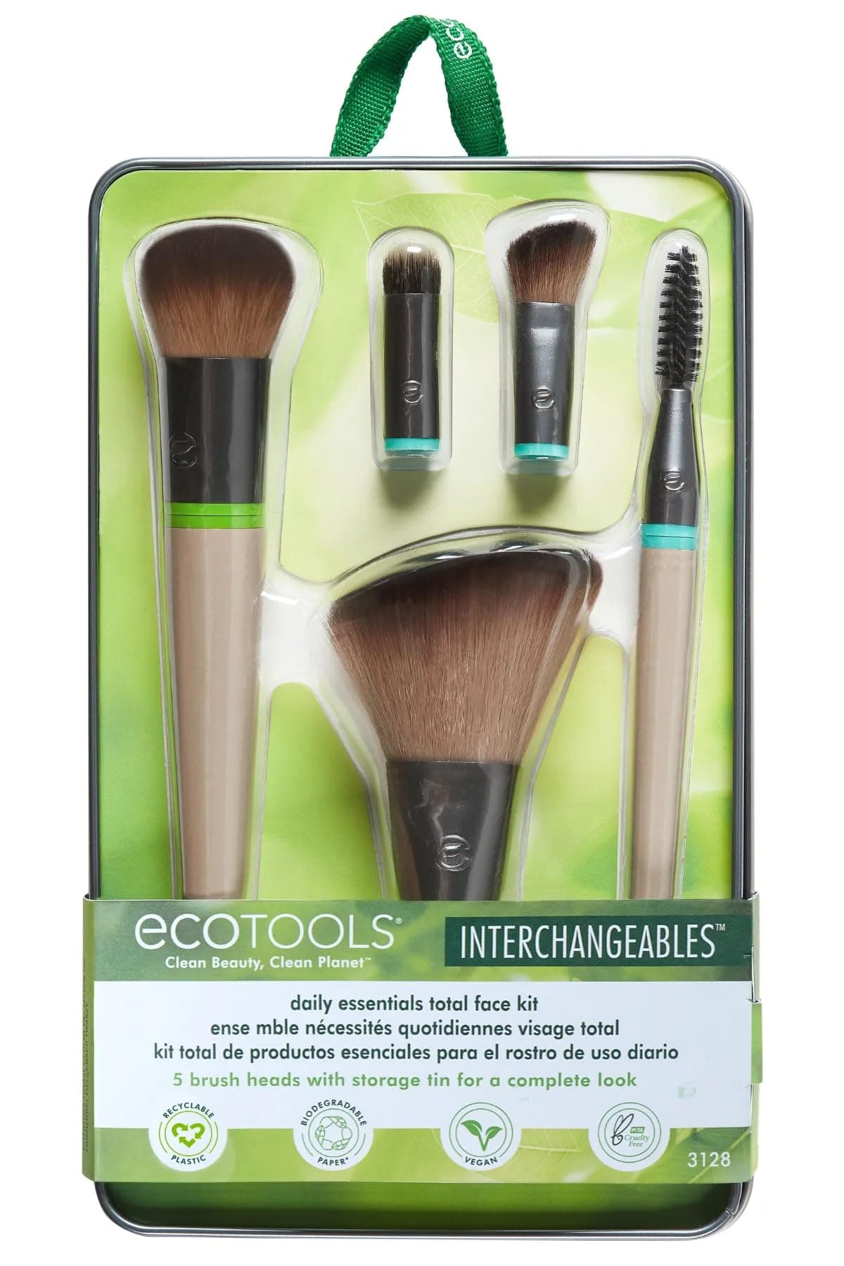 EcoTools Daily Essentials Face Kit Interchangeables Makeup Brush Set with 5 Brushes, 2 Handles, and Storage Tin