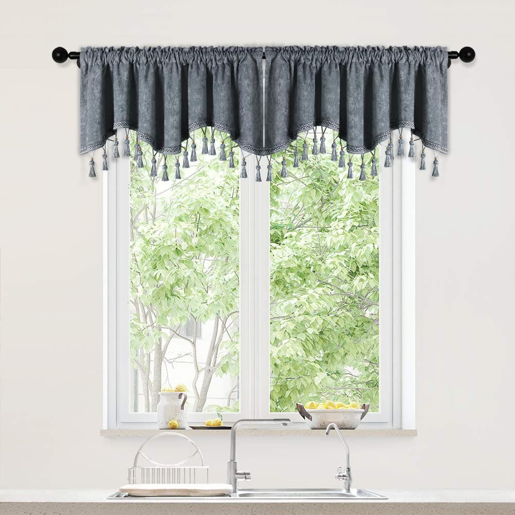 ELKCADouble-Sided Chenille Window Curtains Tier for Kitchen Grey Scalloped Valance for Living Room,Pack of 2(Grey,52" W x 18" L)
