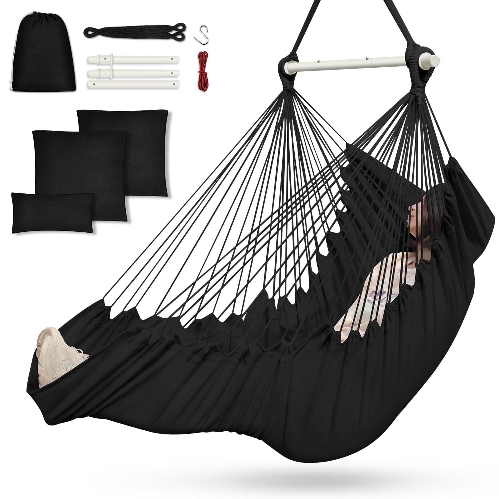 Outerman Hammock Chair, Hanging Chair with 3 Cushions and Foot Rest Support, Sturdy Metal Spreader Bar Max 500Lbs, Swing Chair for Bedroom, Indoor & Outdoor, Patio, Porch or Tree(Black)…