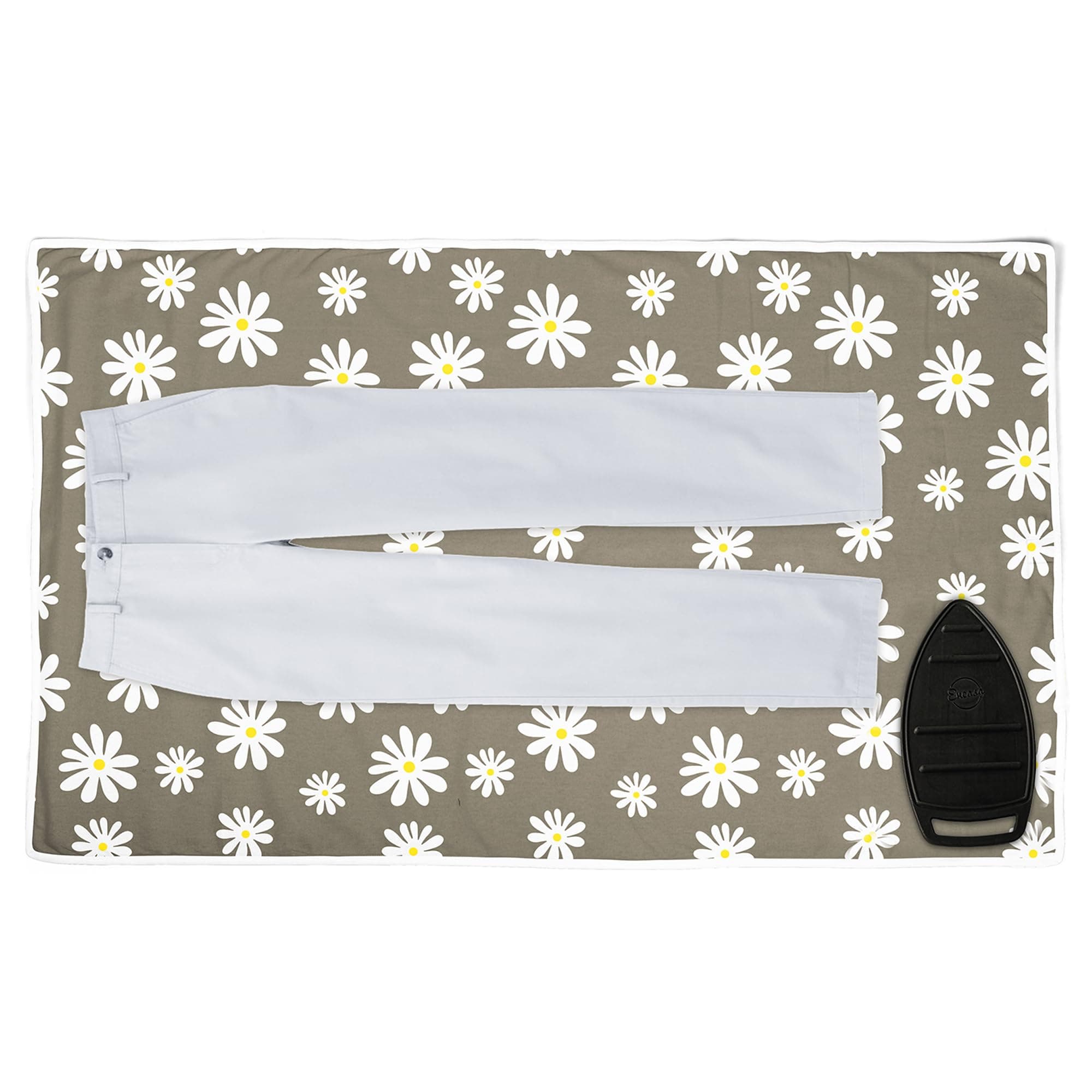 - Encasa XO Homes Ironing Mat (Large 120 X 70 Cm) With 3Mm Felt Padding,Silicone Iron Rest Protector,Steam Press On Table,Bed,Portable,Heat Reflective,Foldable,Washable,Printed - Daisy Grey
