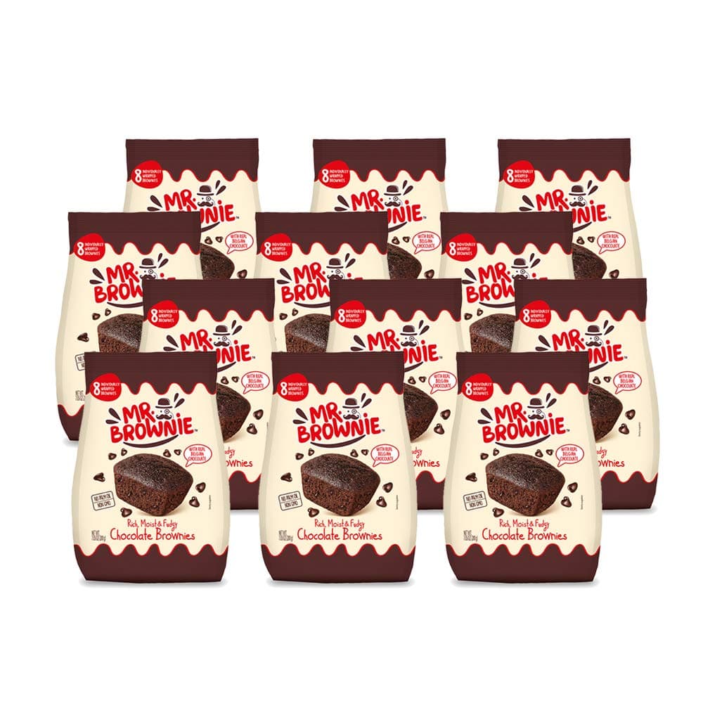 Mr. BrownieChocolate Brownies - 12 Bags x 8 Individually Wrapped Fudge Brownie Bites with Real Belgian Chocolate Bits - Soft Sweet Snack for Home, School and Work - No Nuts, Palm Oil, or Corn Syrup