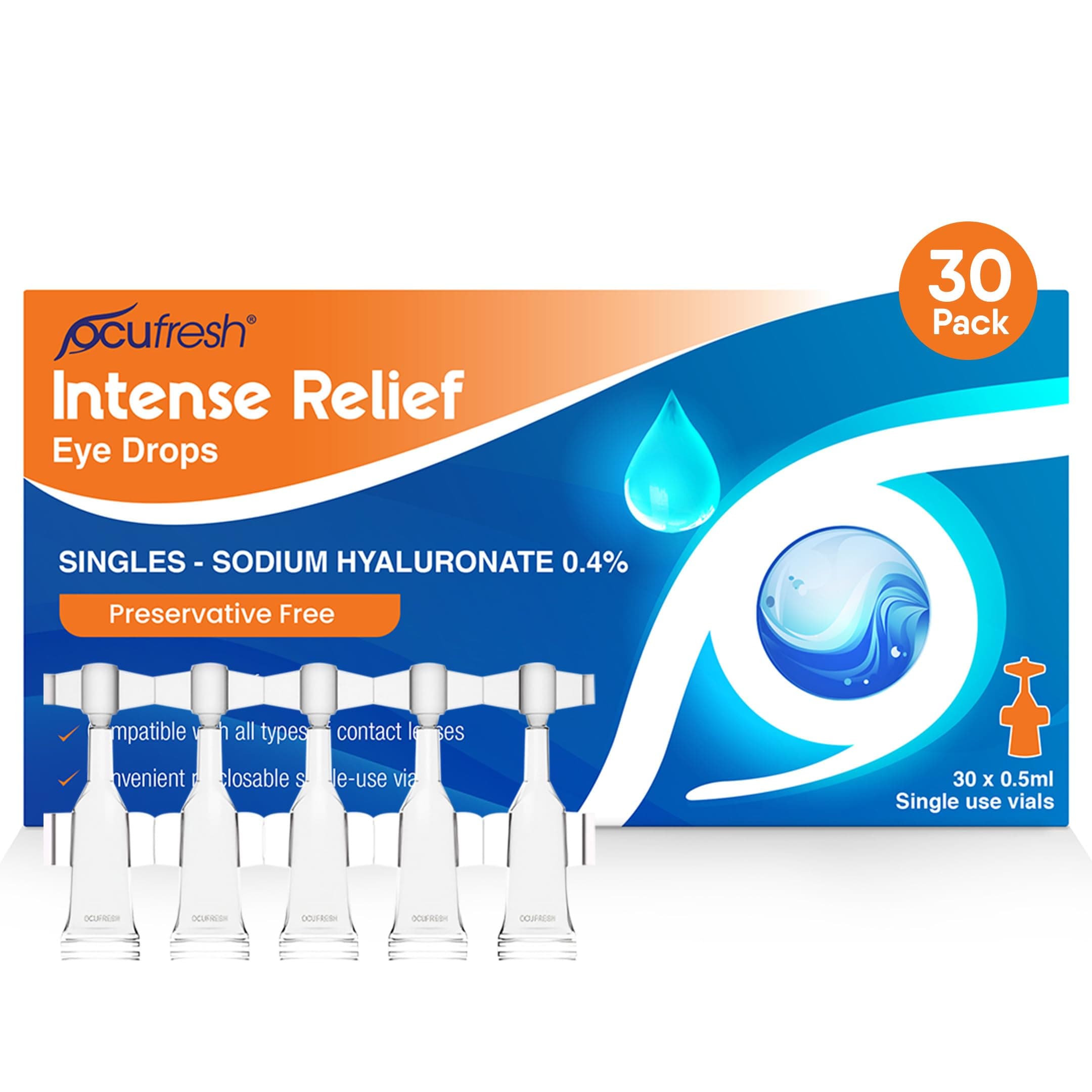 – [New Launch] Ocufresh Intense Relief Eye Drops- Single dose [30x0.5ml vials] - Sodium Hyaluronate 0.4% - Advanced Care for Dry, Tired Eyes | Preservative Free | Contact Lens & Travel Friendly