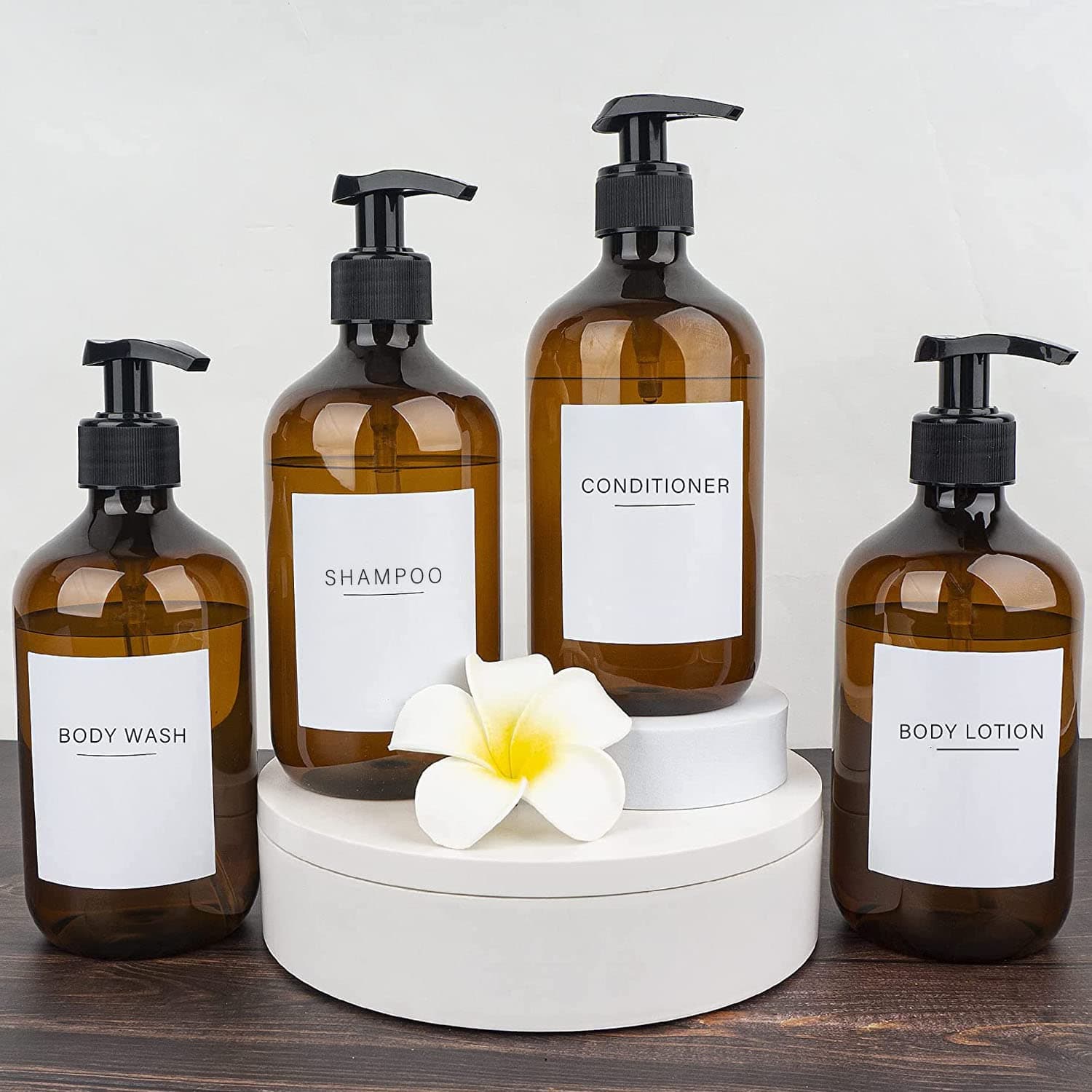 4 Pieces 500ml Soap Lotion Pump Dispensers with Labels Bathroom Brown Dispenser Bottles with 22 Stickers