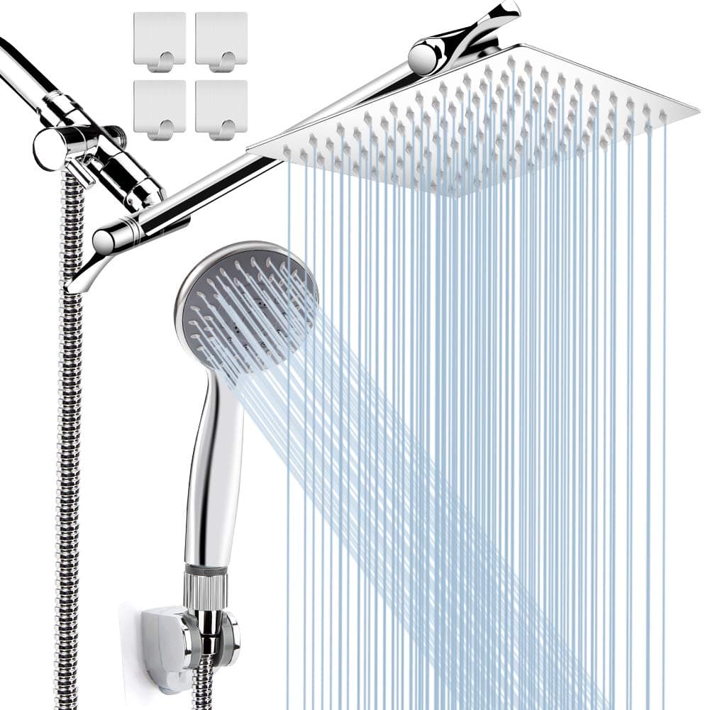 8'' High Pressure Rainfall Shower Head/Handheld Shower Combo with 11'' Extension Arm, Height/Angle Adjustable, Stainless Steel Bath Shower Head with Holder, 1.5M Hose, Chrome, 4 Hooks