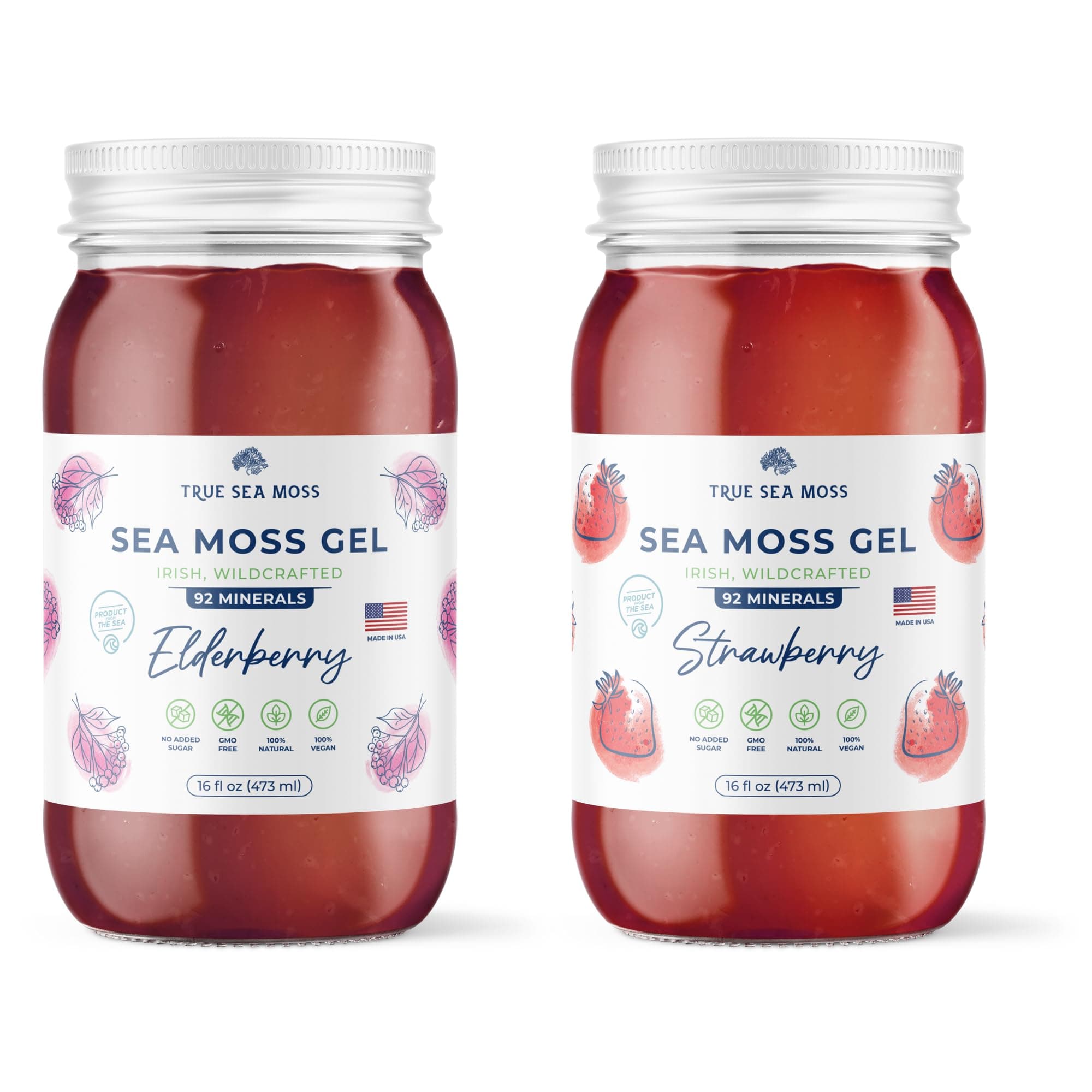 TrueSeaMoss Wildcrafted Irish Sea Moss Gel - Strawberry and Elderberry Bundle - Made with Dried Seaweed - Seamoss (Pack of 2)