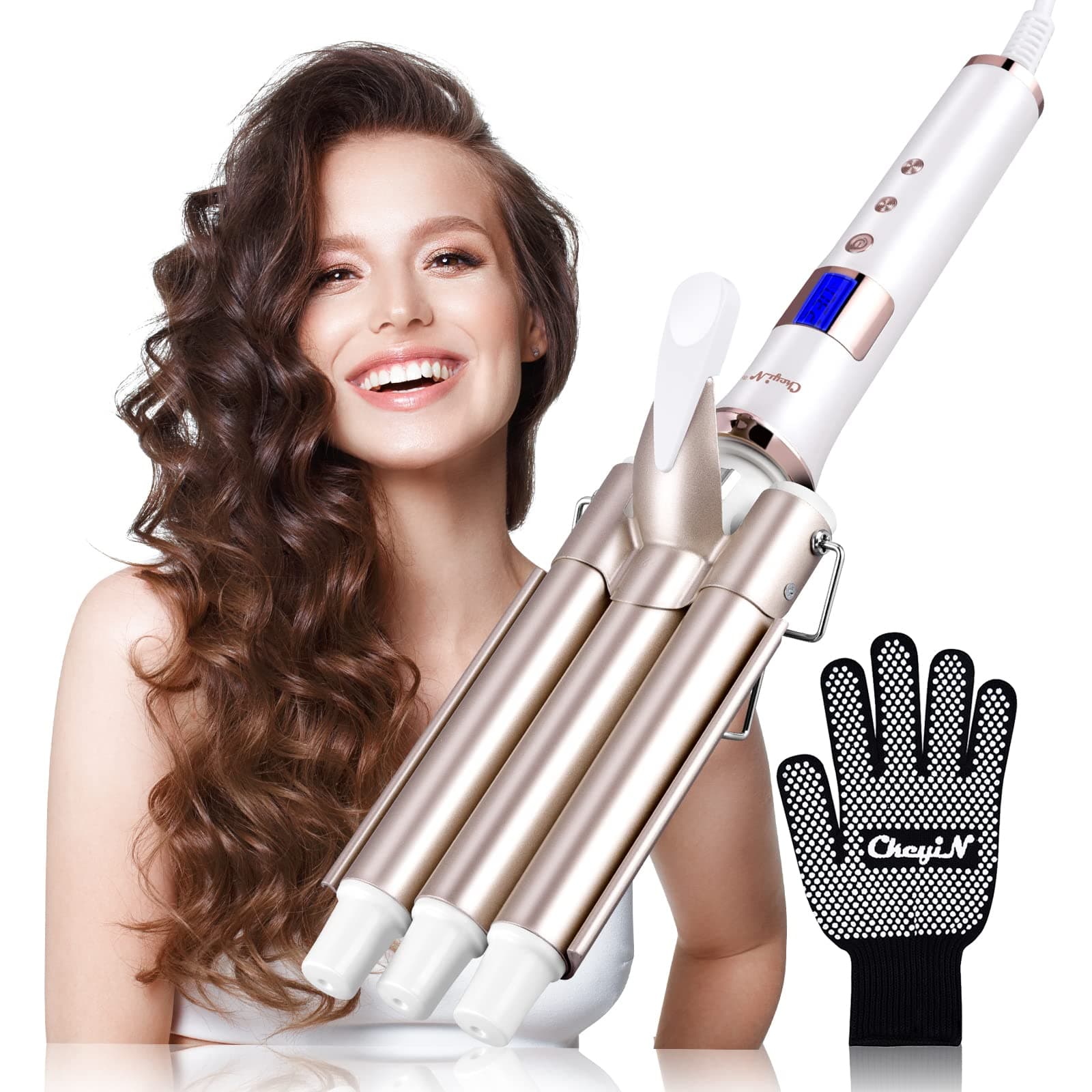 3 Barrel Hair Waver, Curling Iron with LCD 16 Temperature Control Displays, Professional Ceramic Tourmaline Curling Wand, 22mm Hair Crimpers with 1 Heat Resistant Glove for All Hair Types