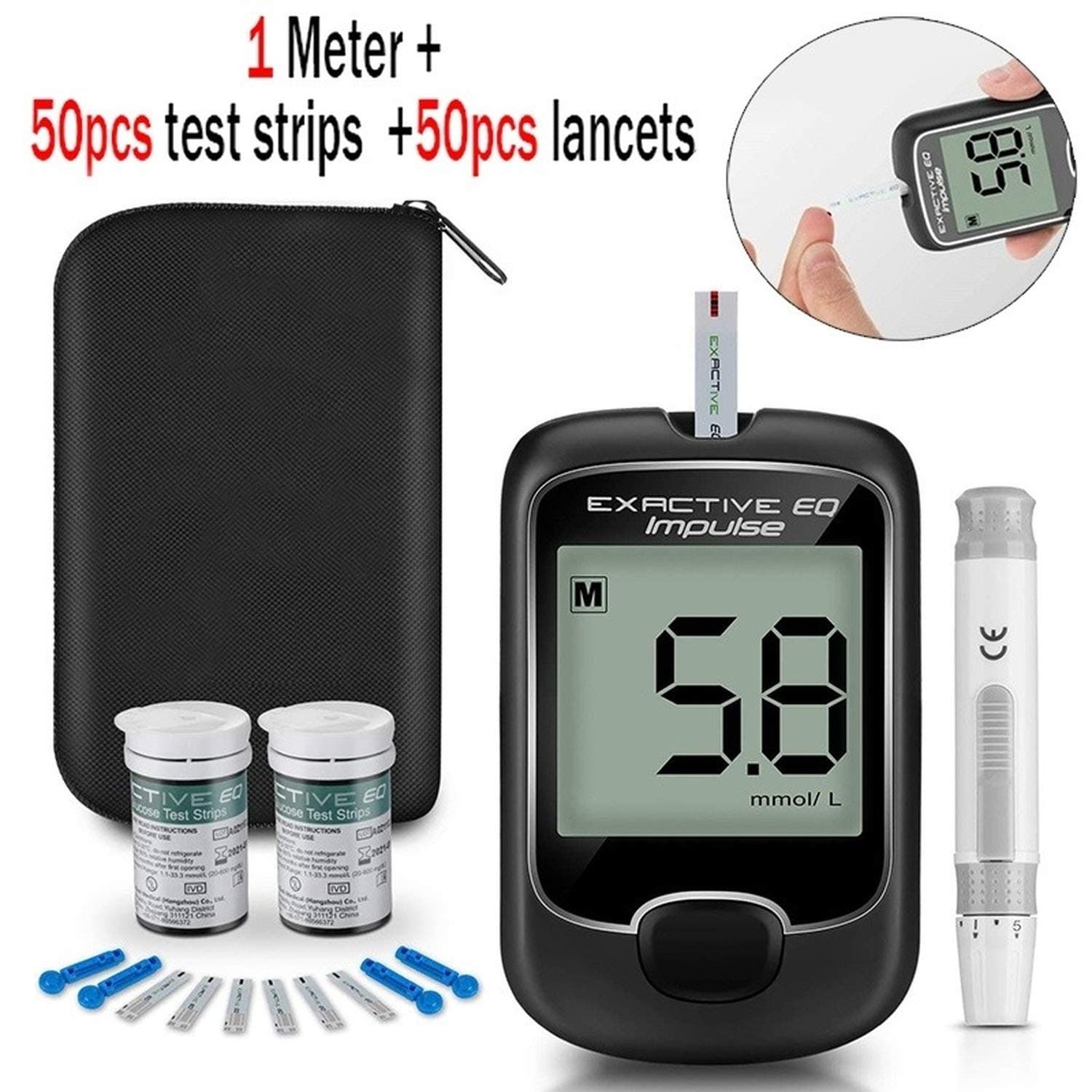 Impulse No Coding Blood Glucose Meters Monitor Glycuresis Monitor with 50 Strips + Needles Lancets