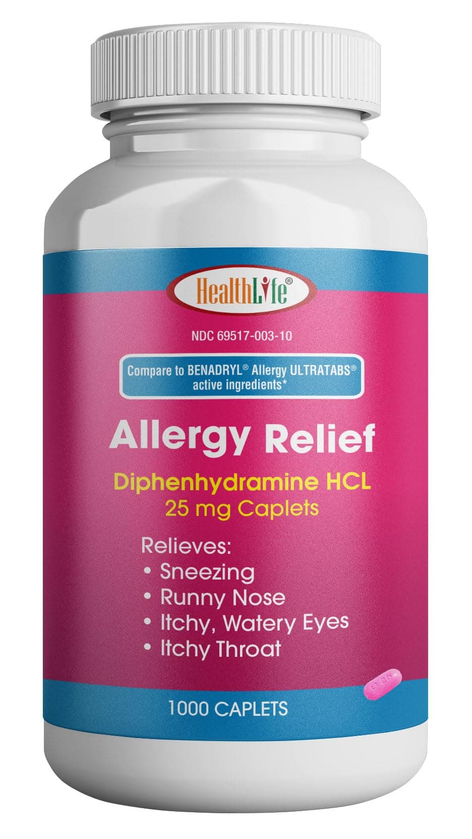 HEALTH LFE Allergy Relief, Medicine Diphenhydramine HCl Caplets, 25 mg | Children and Adults | Relieves Sneezing, Runny Nose, Hay Fever Symptoms, Itchy Eyes and Throat (Large,1000 Count)