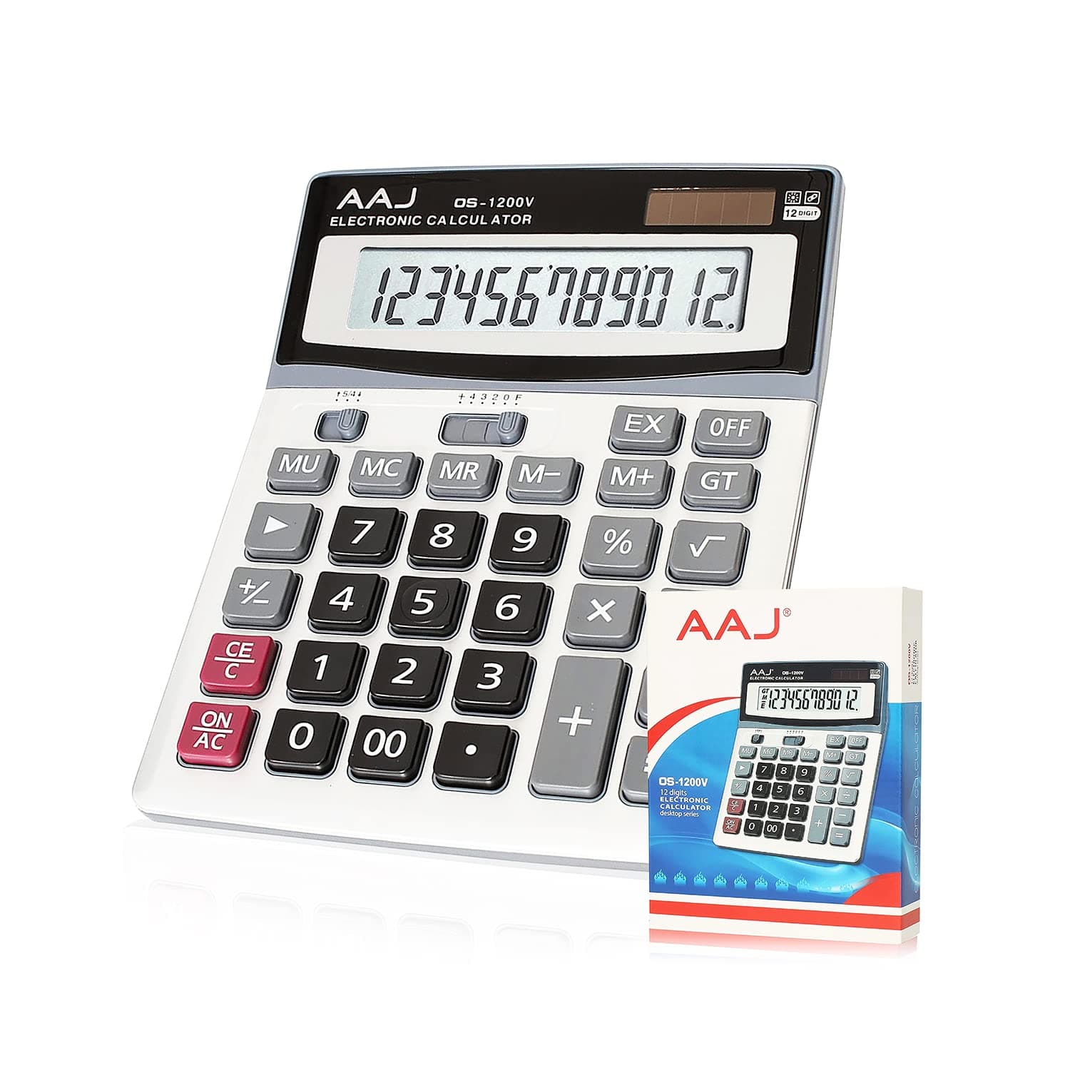 AAJ 12 Digit Desk Calculator Jumbo Large Buttons Solar Desktop Battery - Battery Included