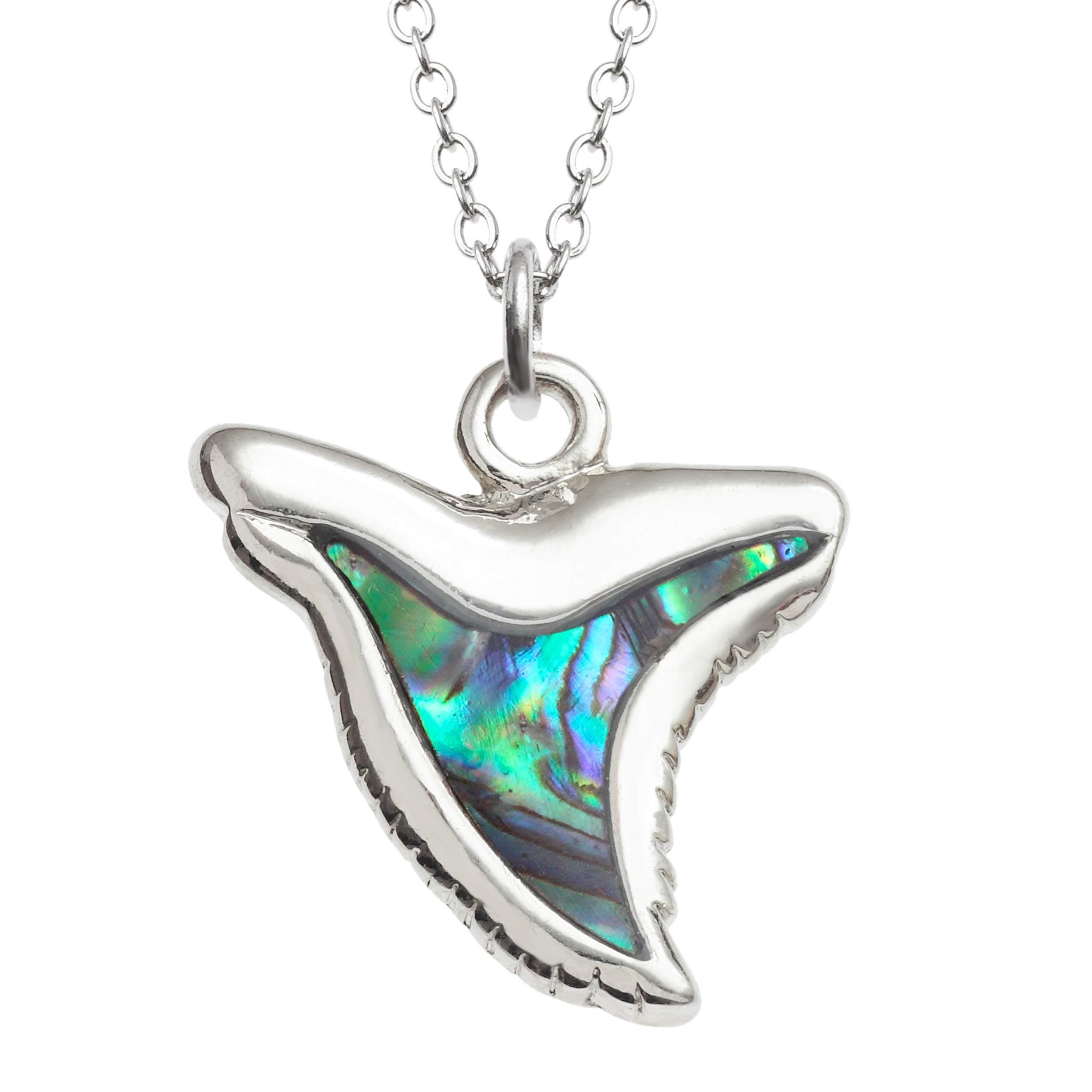 Womens Shark Tooth Necklace inlaid with Sustainably Sourced Abalone Shell on 18 inch Rhodium Plated Chain with Gift Box