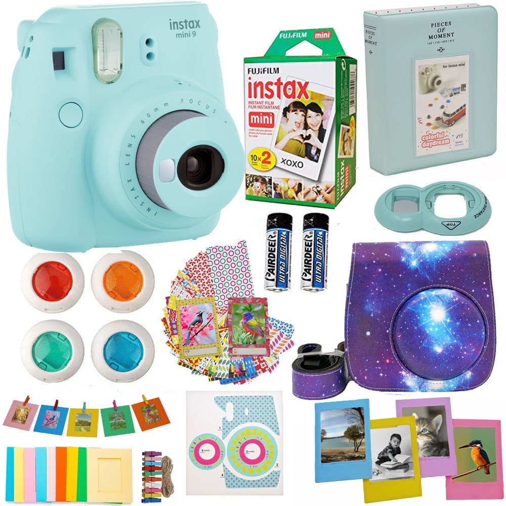 Fujifilm Instax Mini 9 Camera Ice Blue (USA) + Accessories kit for Fujifilm Instax Mini 9 Camera Includes Instant Camera + Fuji Instax Film (20 PK) Galaxy Case + Frames + Selfie Lens + Album and More