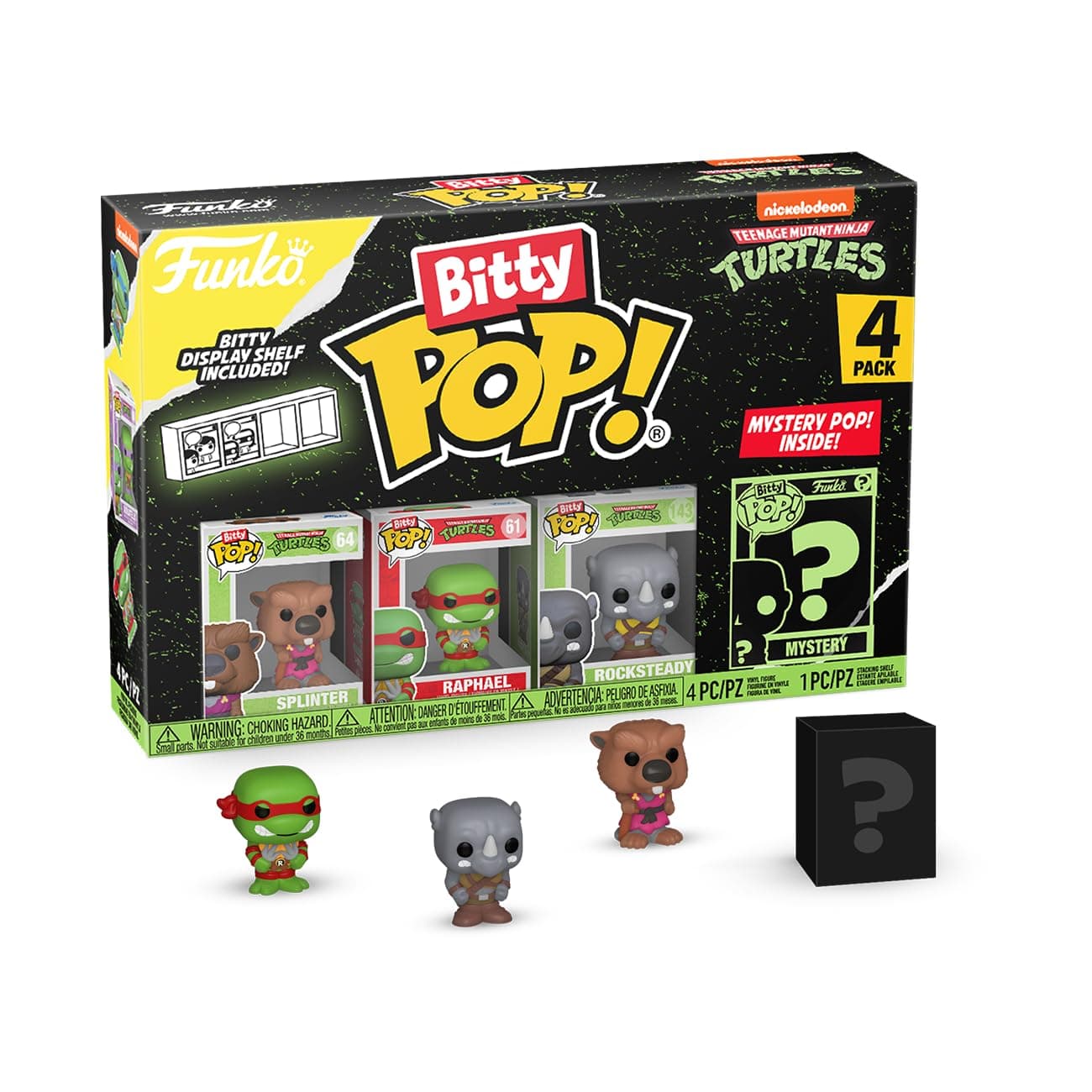 Bitty POP! Teenage Mutant Ninja Turtles - Splinter, Raphael, Rocksteady and A Surprise Mystery Mini Figure - 0.9 Inch (2.2 Cm) - TMNT Collectable - Stackable Display Shelf Included - TV Fans