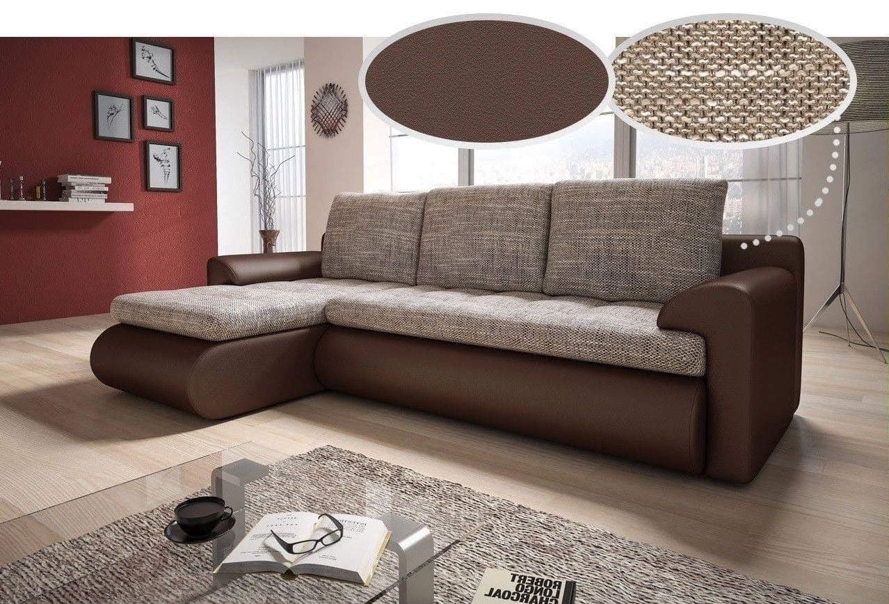 Gama Mobler Left Corner Sofa Bed Prada with Storage, Lawa Fabric & Eco Leather Material, 3 Seater, L-shape, Pull Out, Wooden Frame & Sprung Seat in Light Brown & Brown