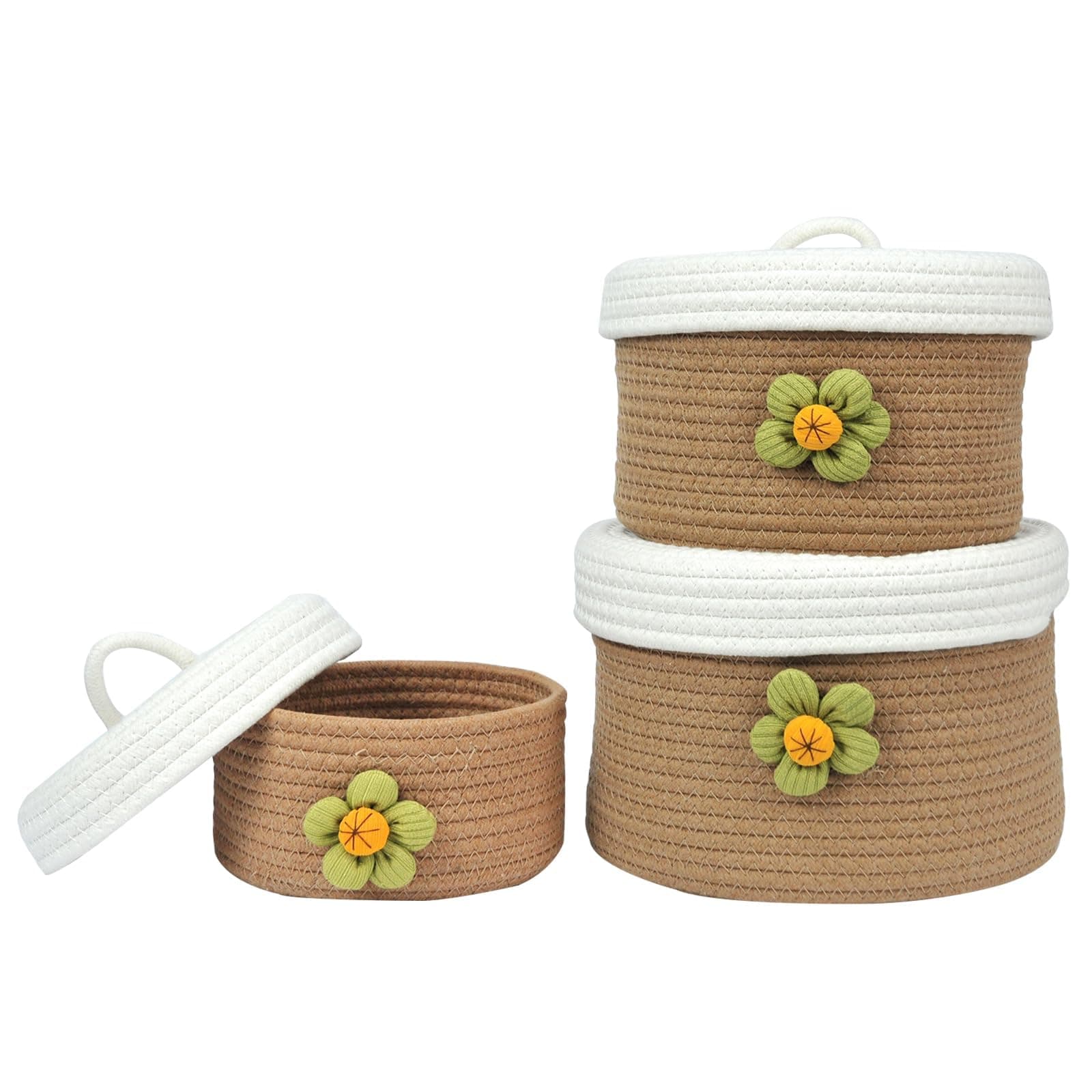 Storage Basket with Lid, 3pcs Natural Cotton Rope Woven Baskets for Organizing Cat Dog Toys Bedroom Living Room Home Decor Cute Organizers Bins Round Mini Storage Woven Basket for Storage(Brown)