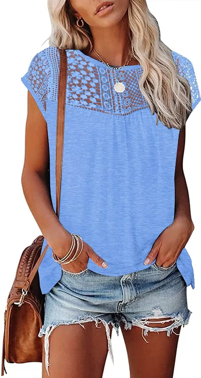 ETCYY Cap Sleeve T Shirts for Women Crew Neck Floral Summer Tops Loose Fit Lace V Neck T Shirts Blouses A Pure Blue