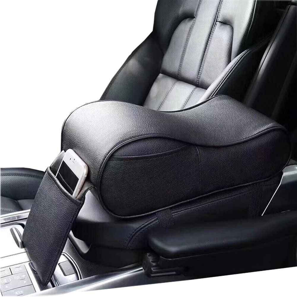 Premium Car PU Leather Center Console Armrest Cushion Pillow Memory Foam with Side Pocket for Phone (Black)