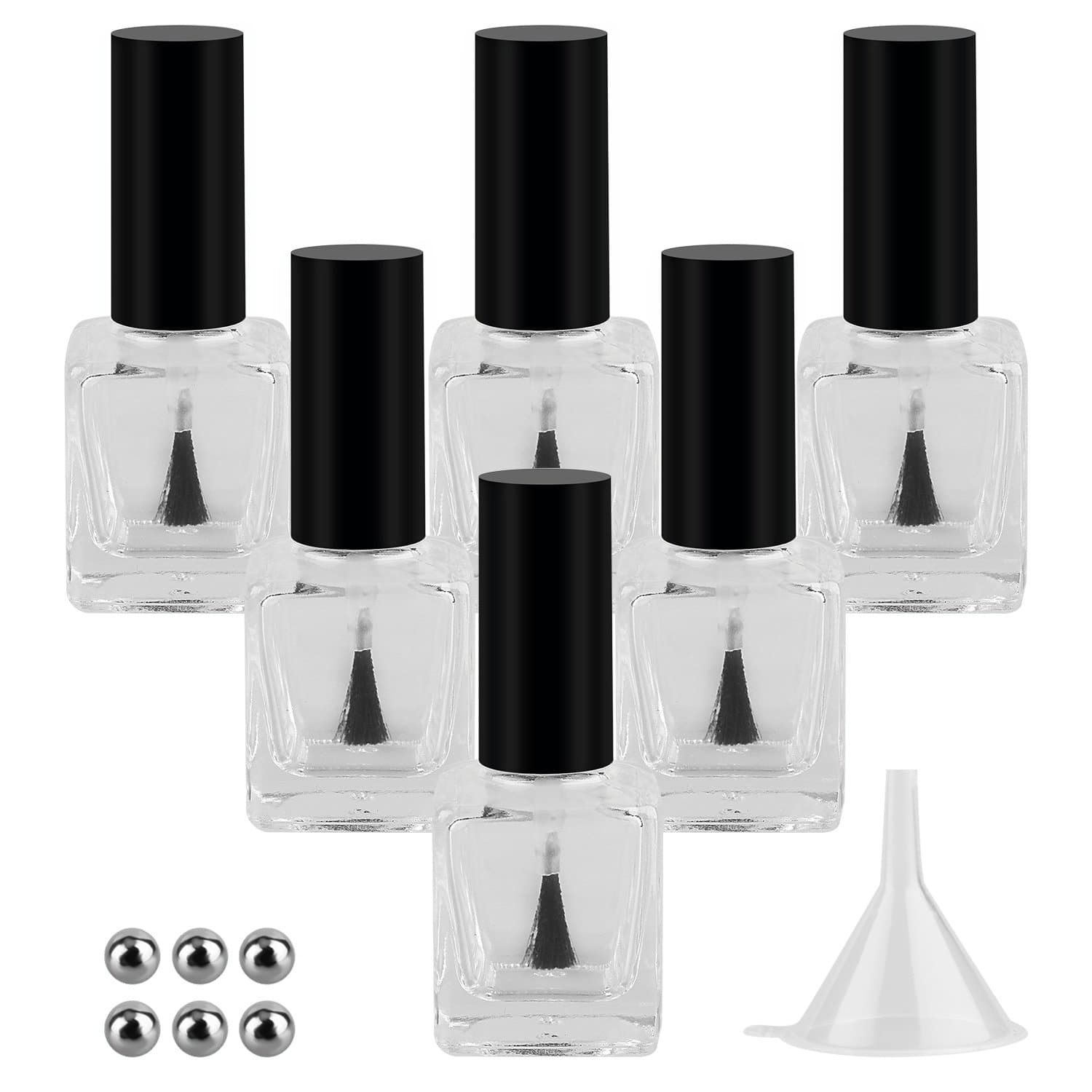 GTHER 6PCS 15ML Empty Nail Polish Glass Bottles with Brush Cap & Funnel & Mixing Balls for Nail Art