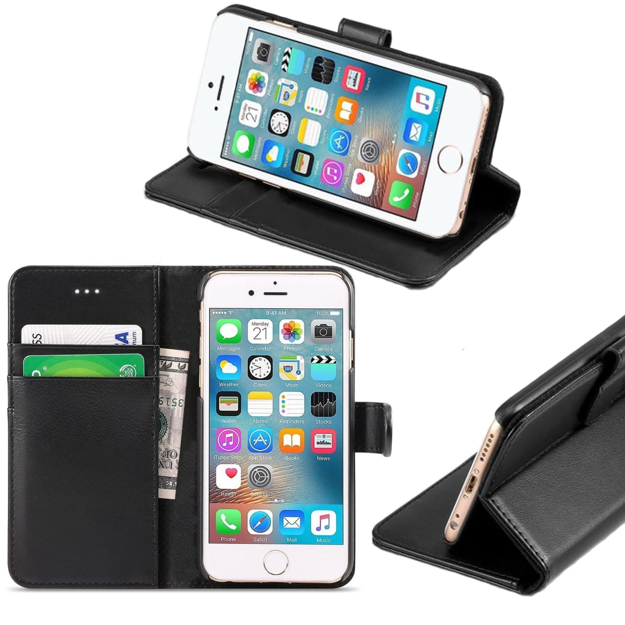 iPhone 6-6S Wallet Flip Case - Leather Premium Folio Phone Cover [Kickstand] [Cash & Card Slots] [Magnetic Closure] Wireless Charging Compatible Real Leather For iPhone 6-6S Black