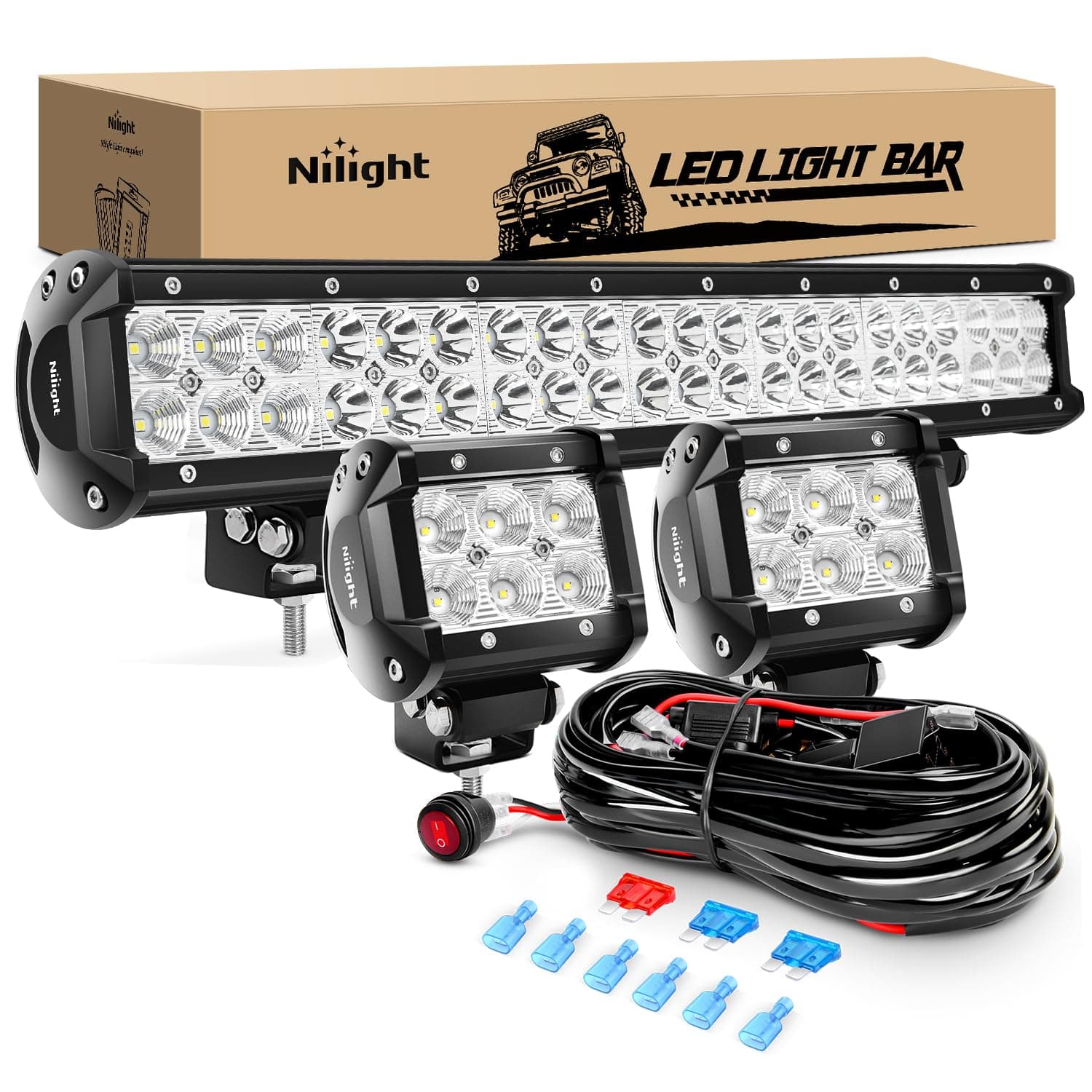 Nilight - ZH001 20Inch 126W Spot Flood Combo Led Off Road Led Light Bar 2PCS 18w 4Inch Flood LED Pods With 16AWG Wiring Harness Kit-2 Lead, 2 Years Warranty
