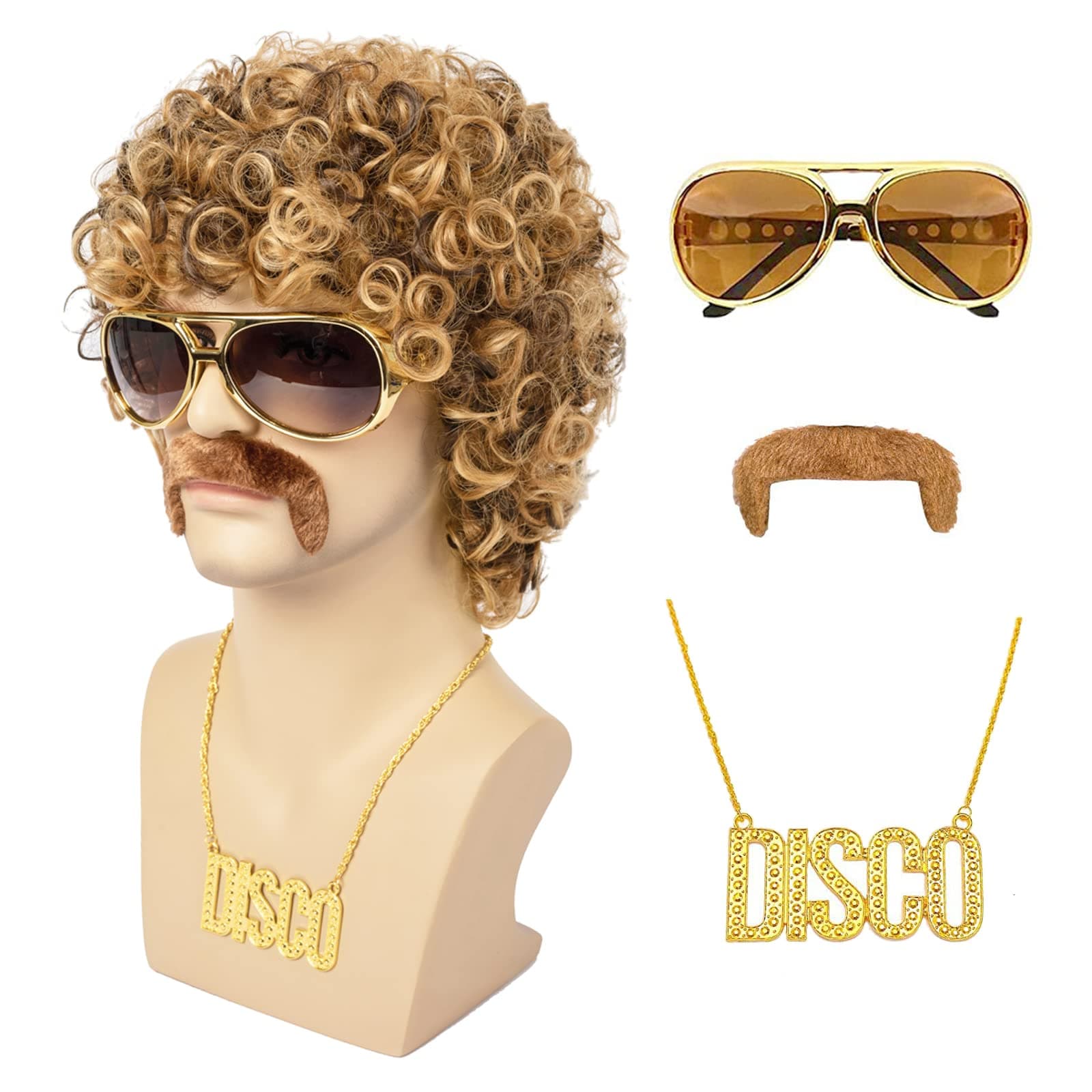 Disco Wig 5Pcs Set (Wig+ Glasses+ Necklace+ Mustache+ Wig Cap) 70'S Costumes Wig Afro Wig Men Short Curly Natural Fluffy Synthetic hair Wig for Halloween Disco Party