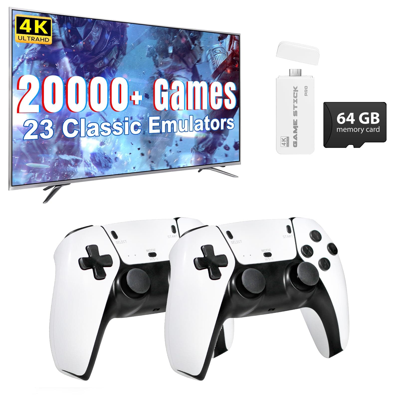 Wireless Retro Game Console Stick, Plug and Play Video Gaming Console with 64G/20000+Games, HDMI Output for TV with 2.4G Wireless Controller