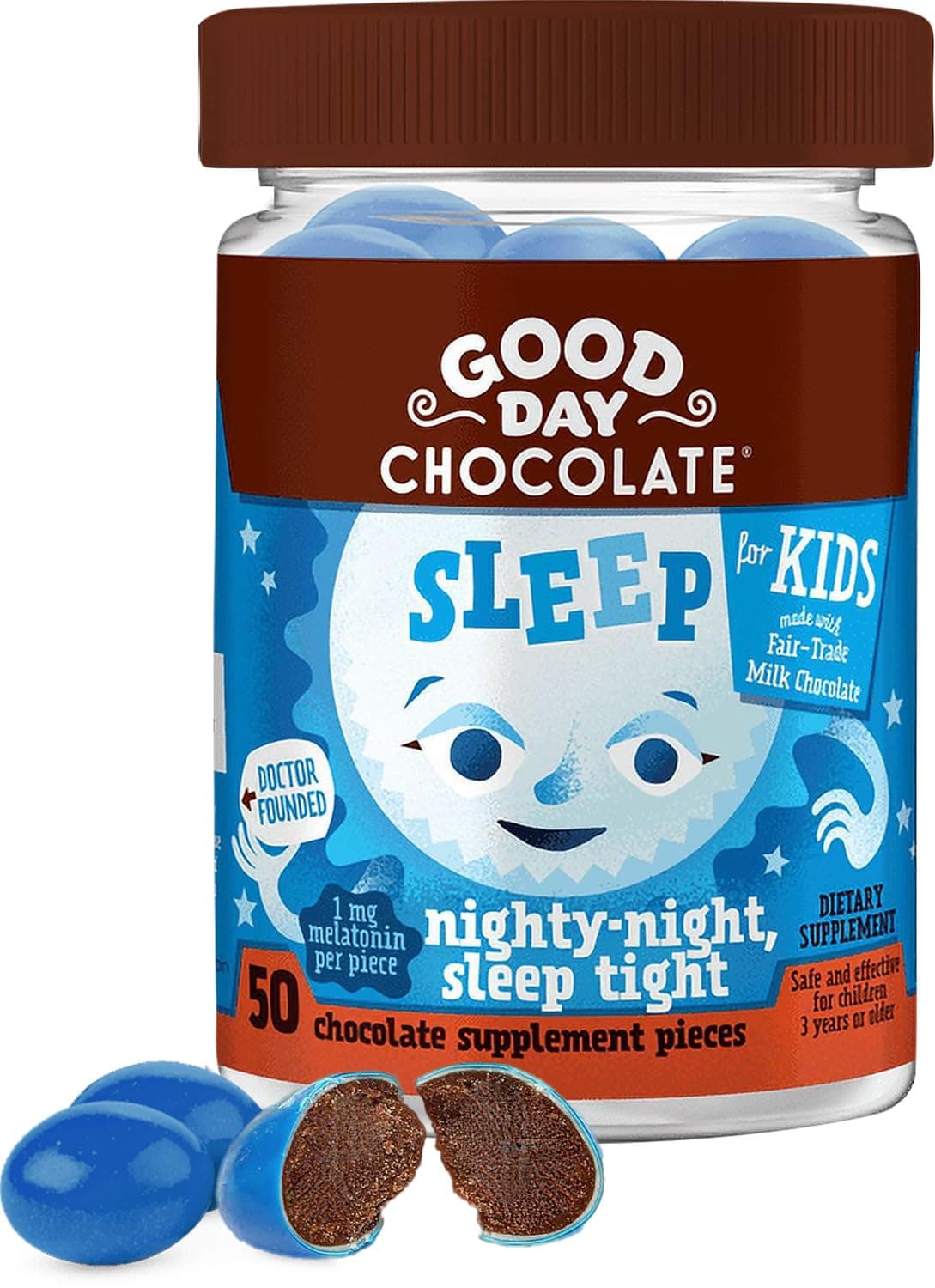 Good Day Chocolate Melatonin for Kids [50 Count] - Fair Trade Non-GMO Chocolate with Chamomile and Melatonin 1 mg - Toddler Melatonin, Kids Natural Sleep Aid for Ages 3 and Up