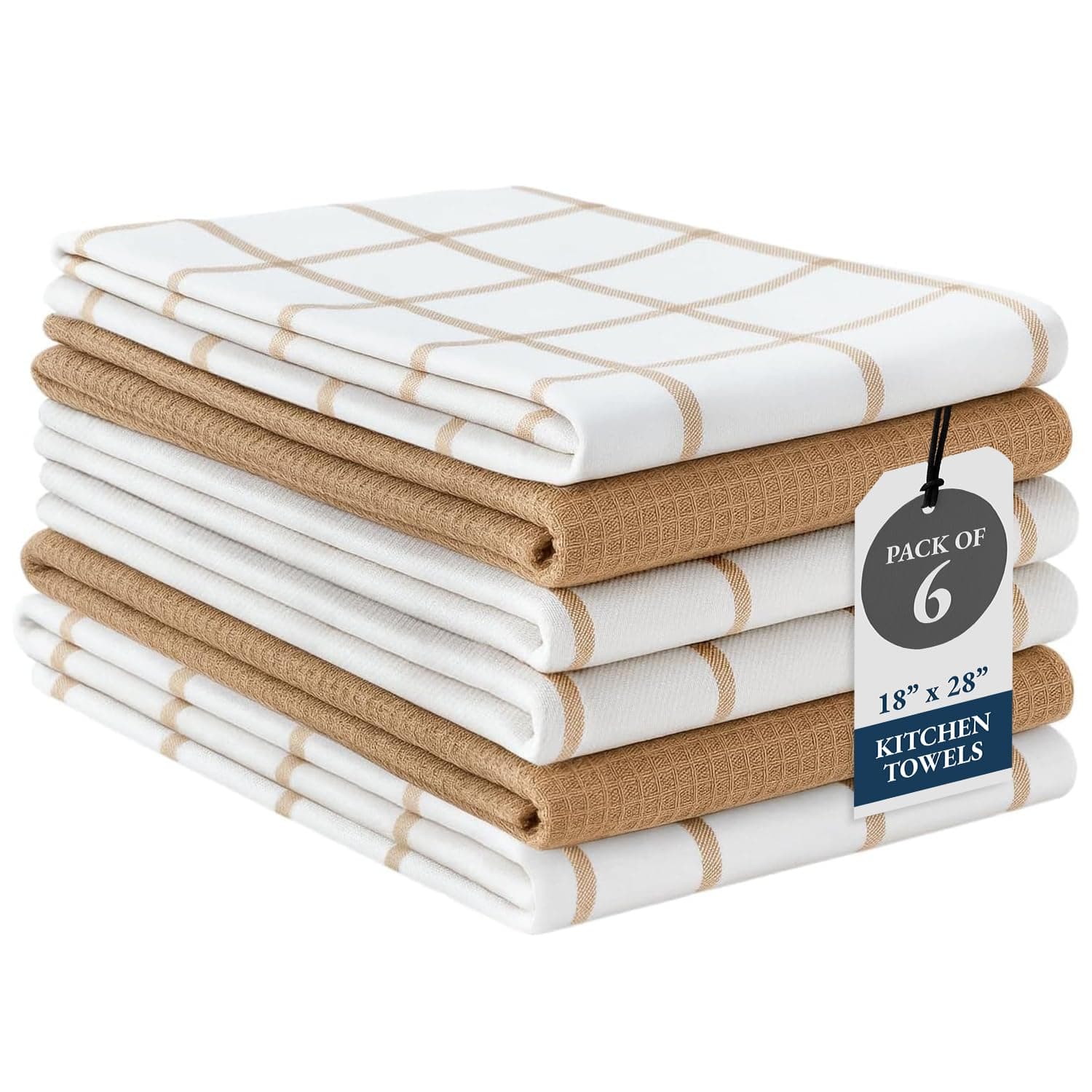 LANE LINEN Tea Towels Set - 6 Pack, 18”x28”, 100% Cotton Kitchen Towels, Absorbent & Quick-Drying Dish Towels Set with Hanging Loop - Beige