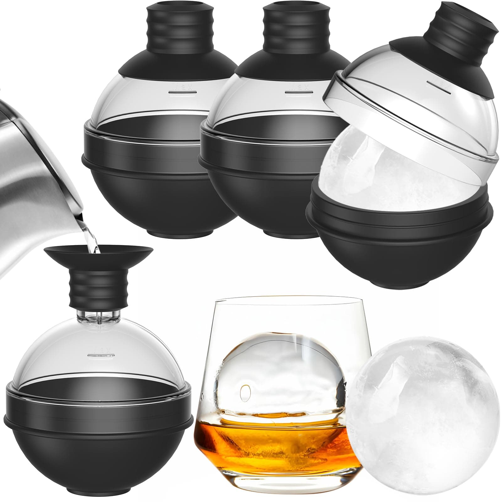 TRILINK Silicone Ice Ball Maker Mold for Whiskey - Set of 4 with Water Funnel Lid - 2.5 Inch Round Large Ice Cube trays for Cocktails Bourbon - Easy Release
