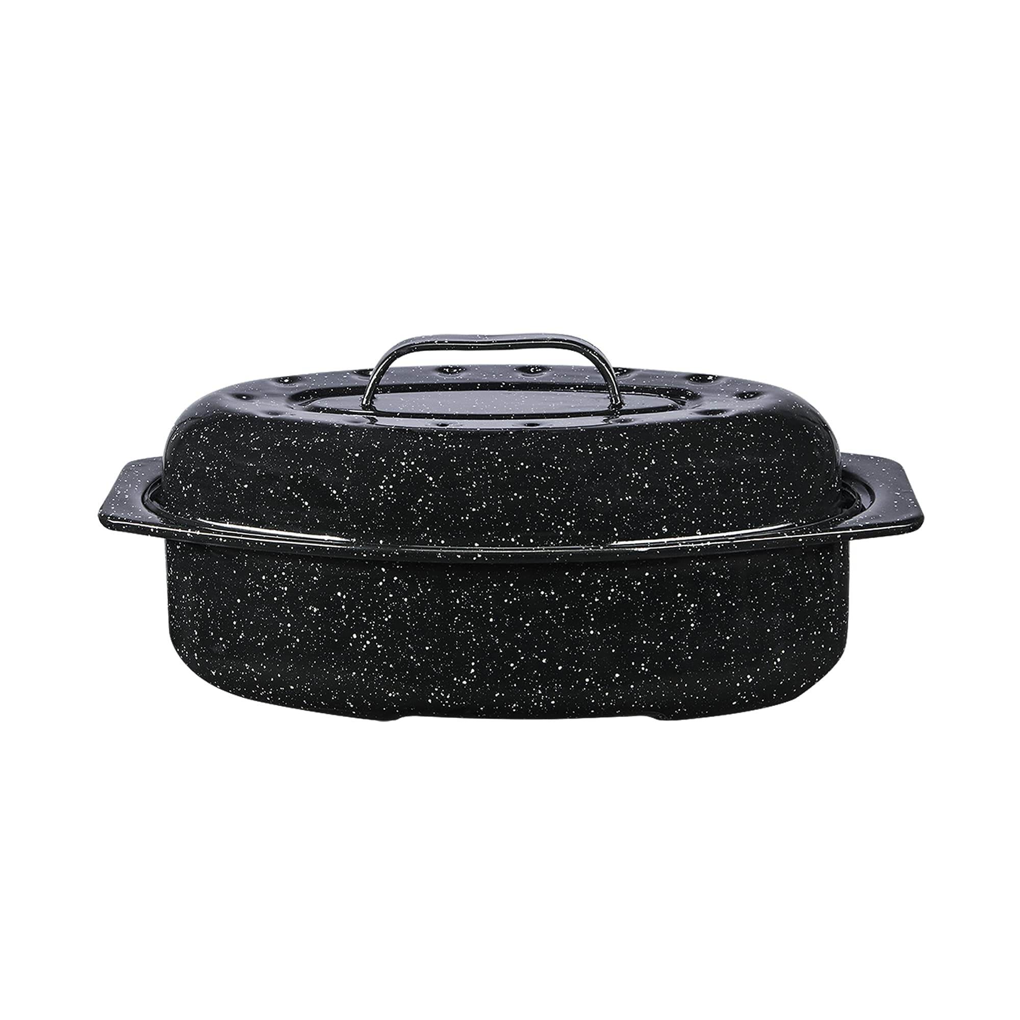 13-inch oval roaster with Lid. Enameled steel design to accommodate up to 7 lb poultry/roast. Resists up to 932°F. Ideal for preparing meals for two!