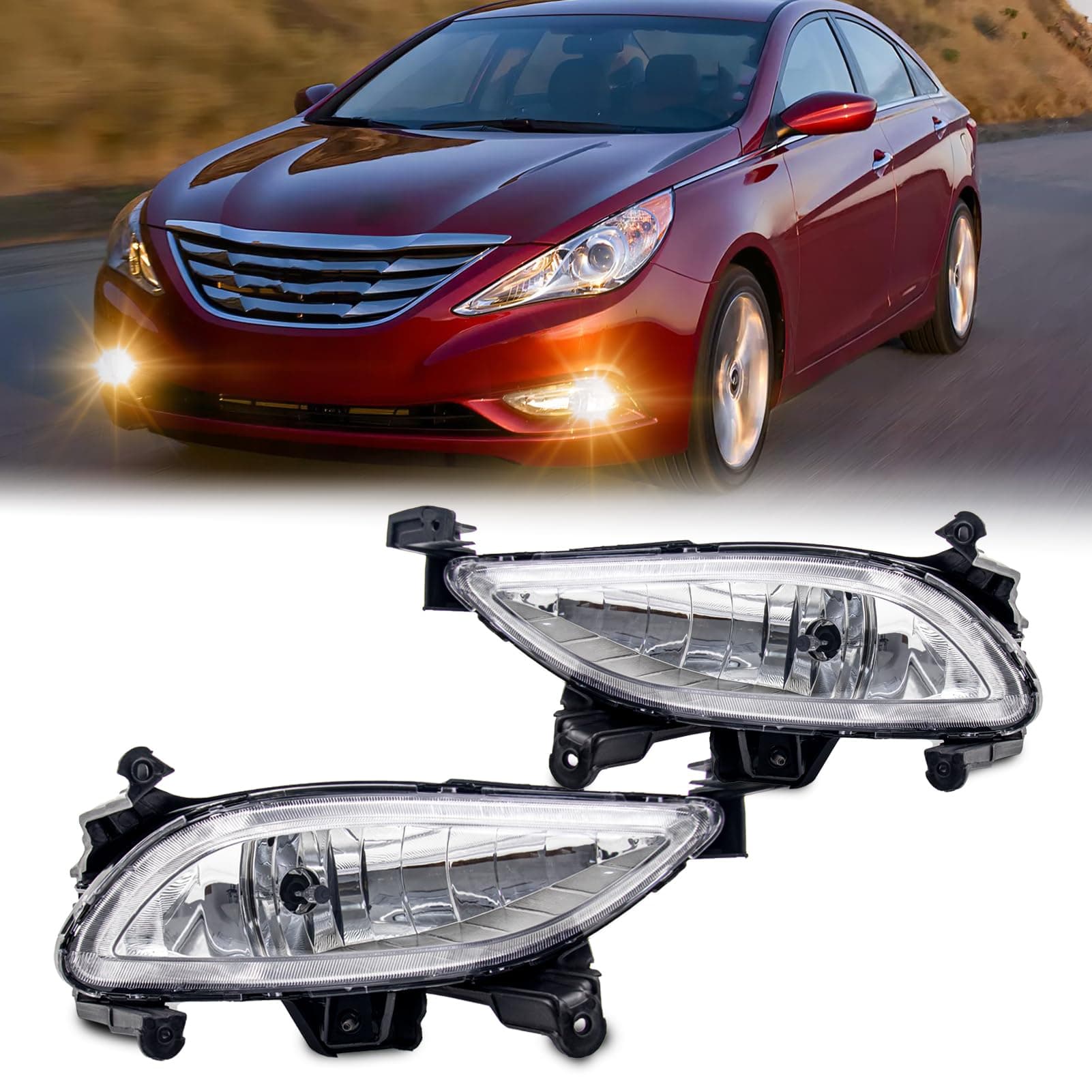 Fog Lights Assembly Replacement For Hyundai Sonata 2011-2013 With 881 12V 27W Halogen Bulbs OEM Part Number:HY2593134, HY2592134 1Pair(Clear Lens)