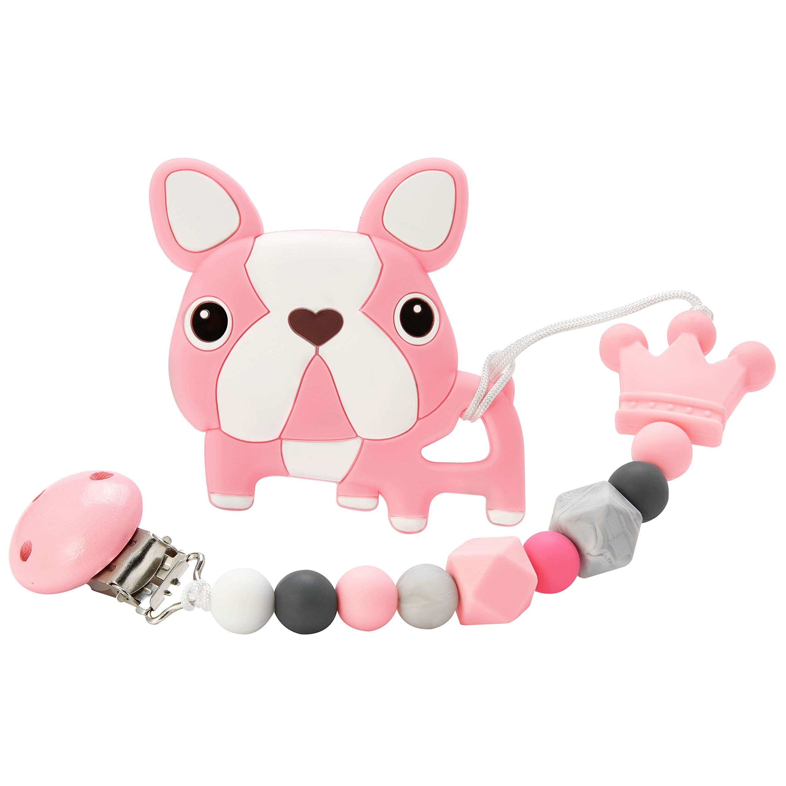 Nearbyme Baby Teething Toys, BPA Free Silicone Dog Shape Teether with Relief Beads Binky Holder and Pacifier Clips for Toddlers & Infant