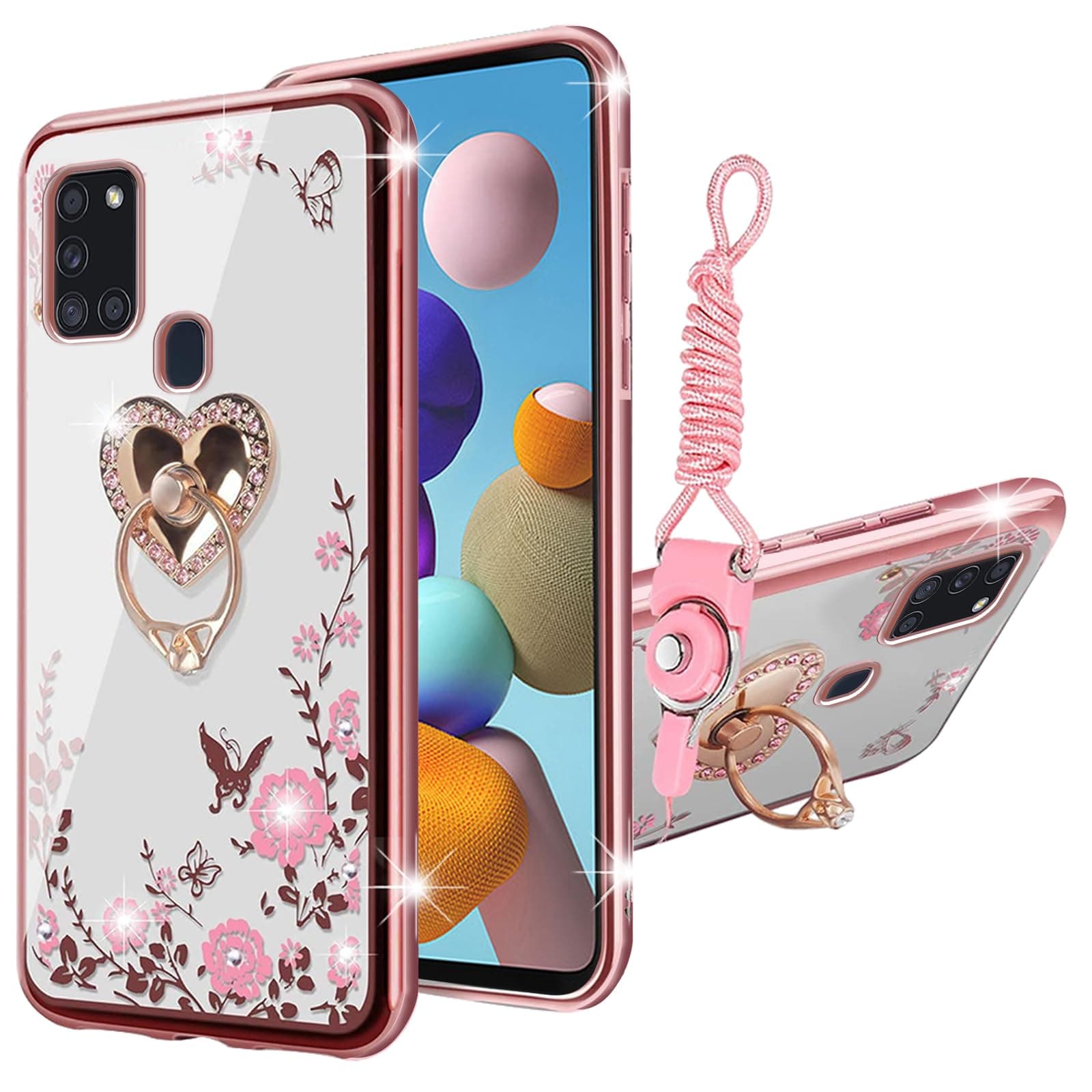 for A21s Phone Case, Samsung Galaxy A21s Case for Women Glitter Crystal Soft TPU Bling Cute Butterfly Heart Floral Clear Protective Cover with Kickstand+Strap for Samsung Galaxy A21s(Rose Gold)