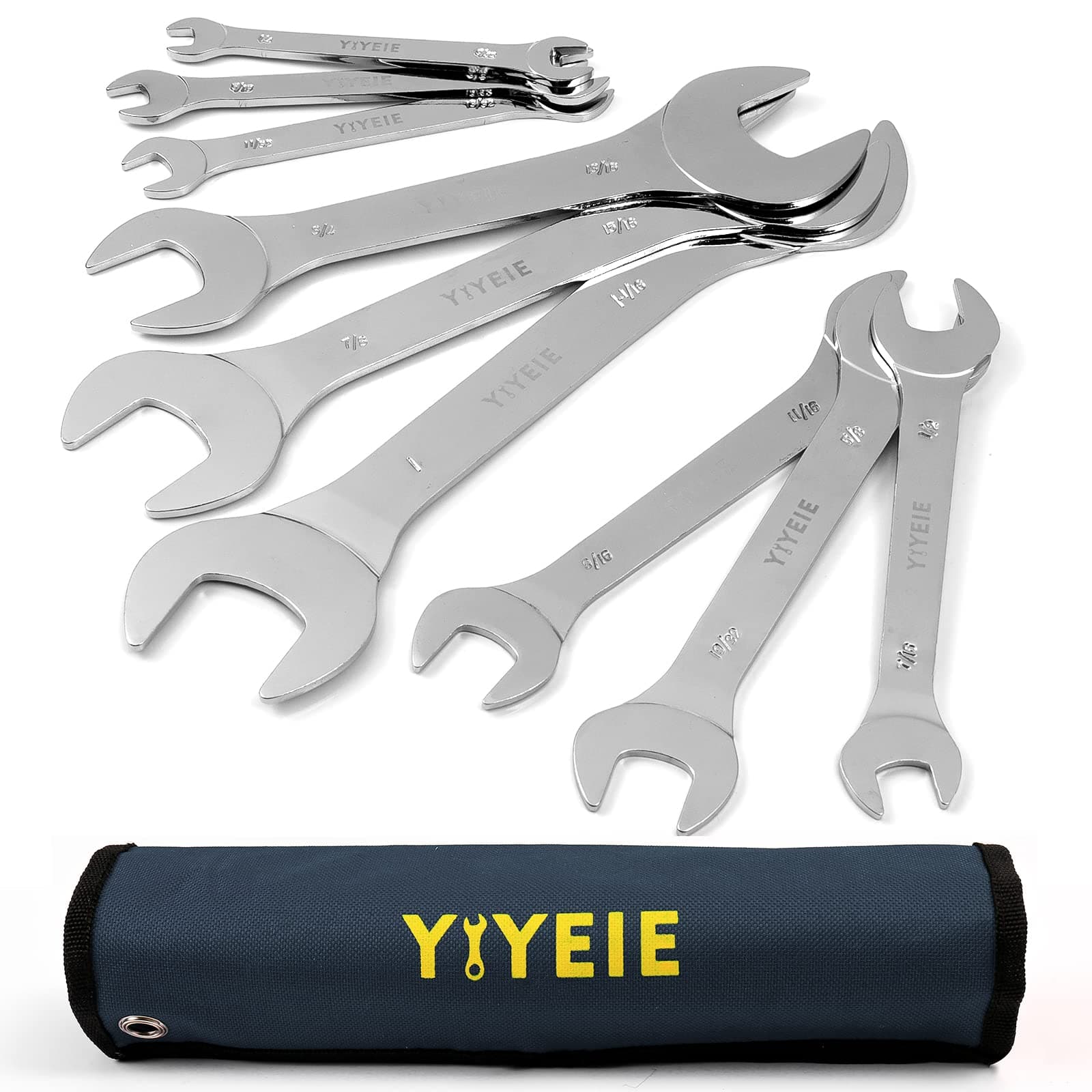 YIYEIE Ultra Thin Open End Wrench Set, 9 Piece SAE, 1/4" to 1-1/16", Chrome Vanadium Steel with Mirror Polished, Ultra Slim Wrench Set with Rolling Pouch