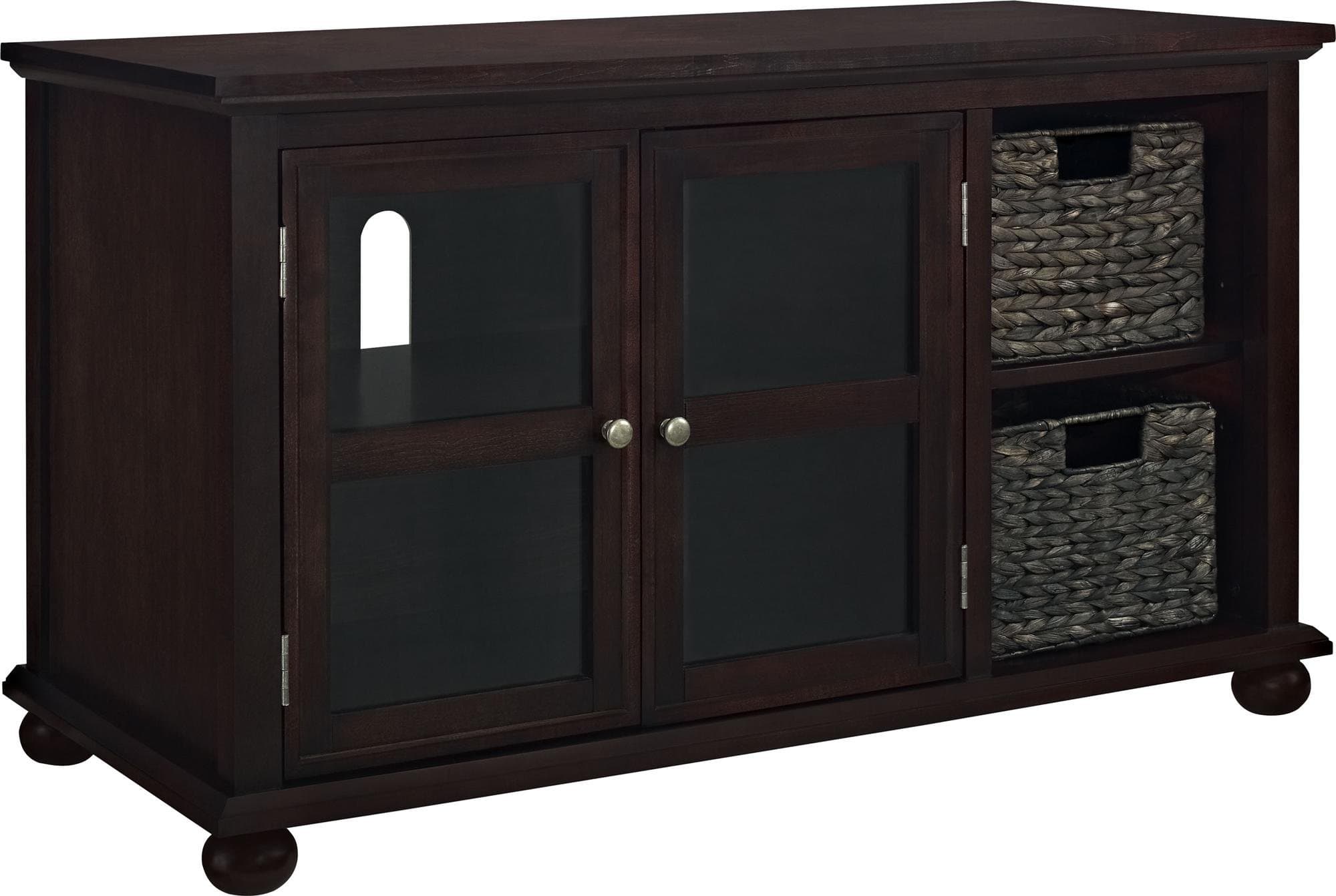 Warren TV Stand with Glass Doors and 2-Water Hyacinth Bins for TVs Up to 44-Inch, Espresso Finish