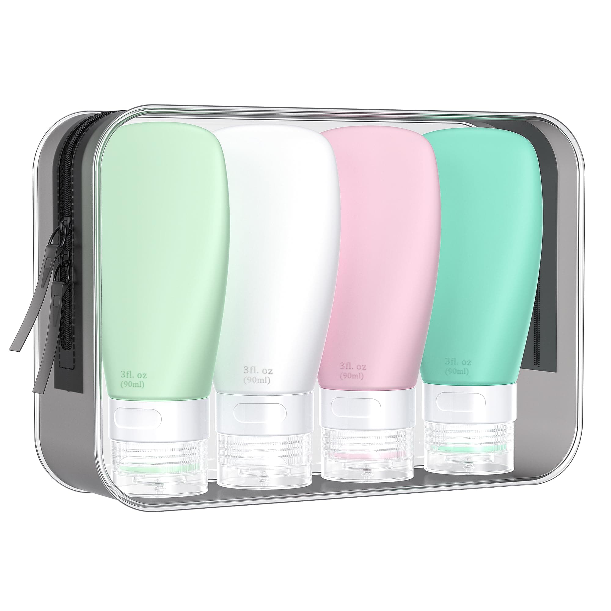 INSFIT Portable Travel Bottles, TSA Carry On Approved Toiletries Containers, 90ml Leak Proof Squeezable Silicone Tubes, Refillable Travel Accessories for Shampoo Body Wash Liquids 4 PacK