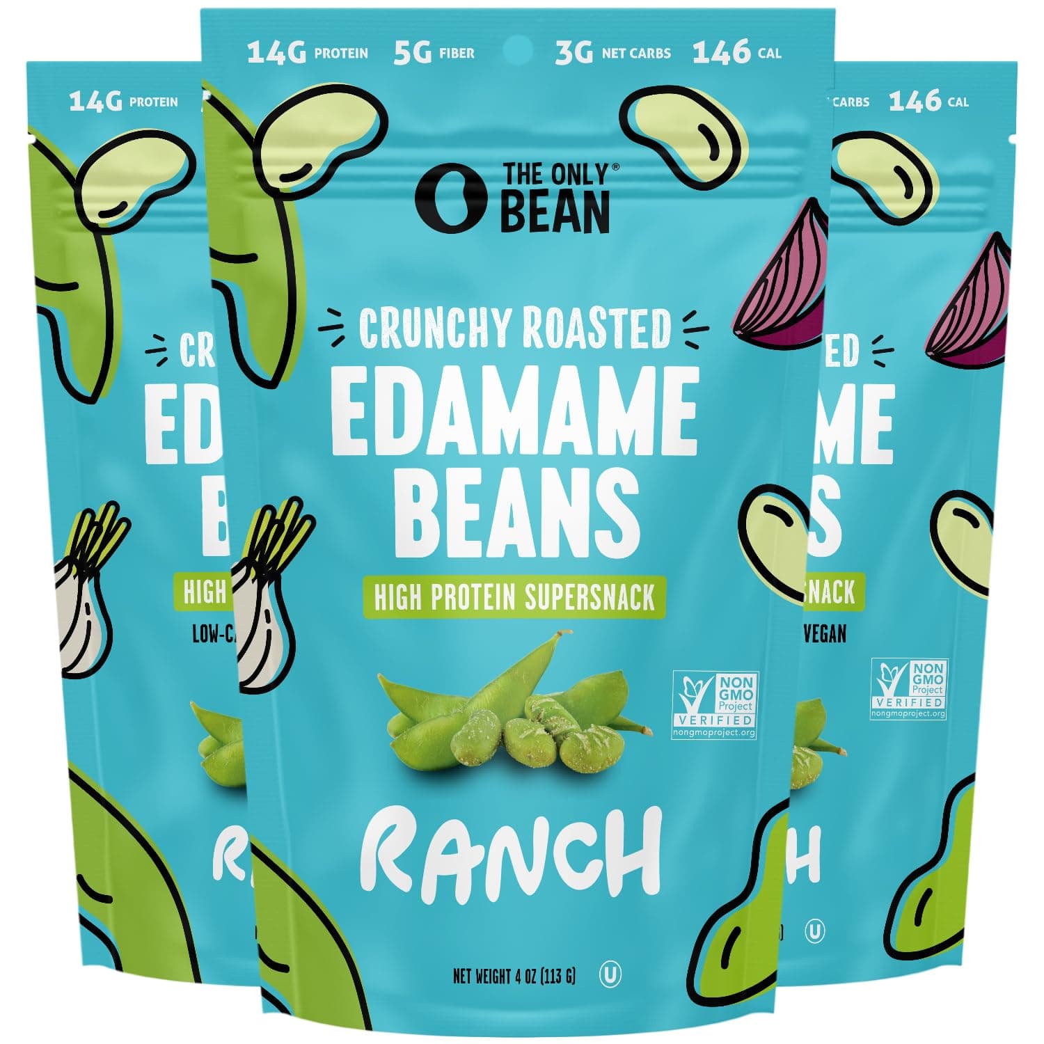 Edamame Dry Roasted Low Carb Snacks (Ranch), Vegan Gluten Free Snacks, Healthy Snacks for Kids and Adults, High Protein Snacks, Keto Snacks, Diabetic Snacks, 4oz (Pack of 3)