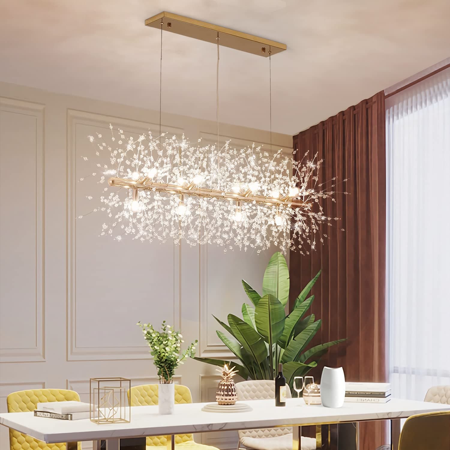 CM MZY 12-Light Crystal Firework Chandelier, Modern Dining Room Lighting Fixture, Gold Metal Finish