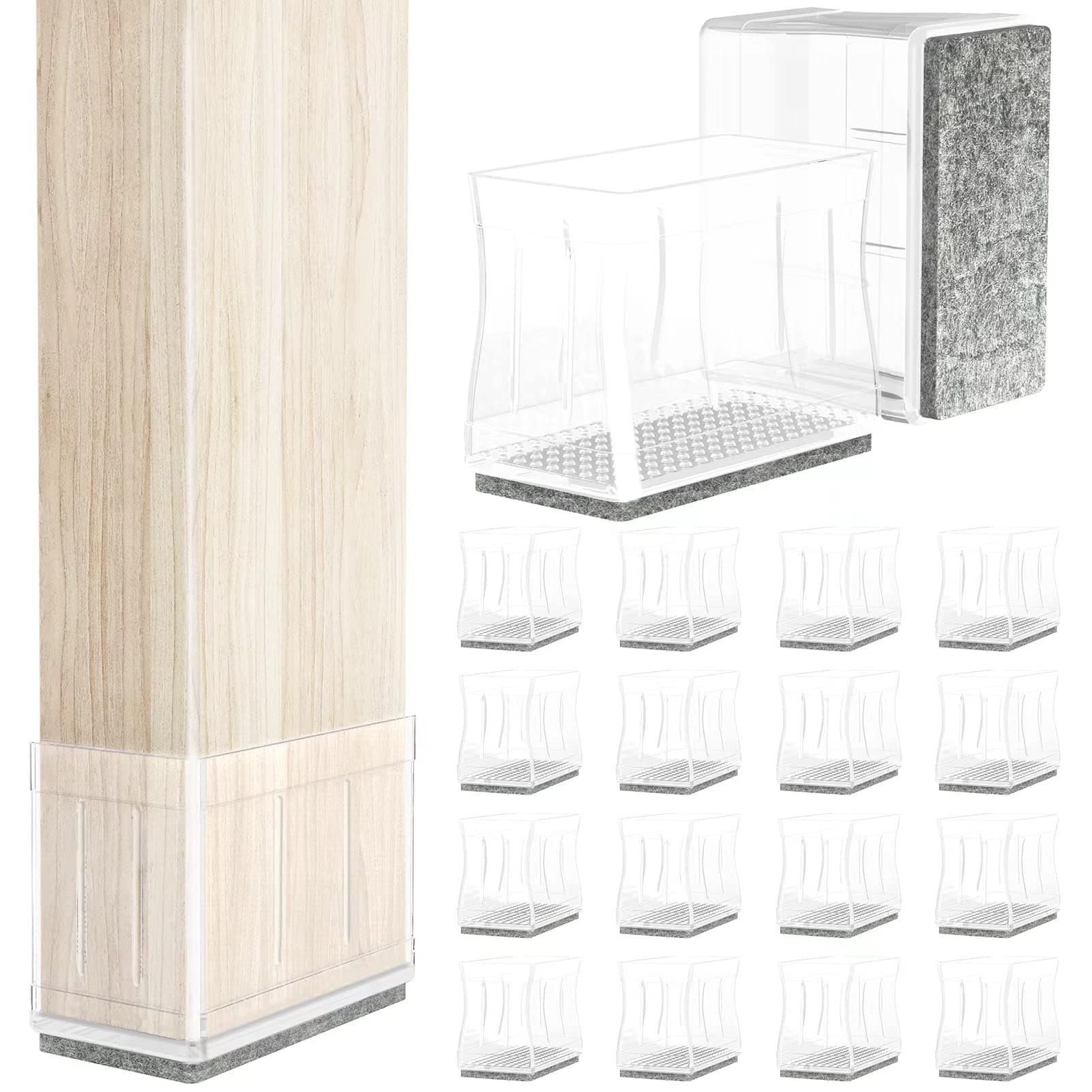 1" x 1.5" Rectangle Chair Leg Protectors for Hardwood Floors Silicone Covers to Protect Wood Tile Floors Felt Pads Furniture Leg Caps Reduce Noise.Easy to Move.16 PCS Clear.