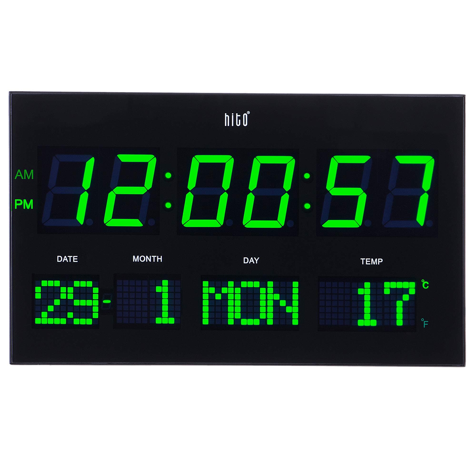 HITO 14.2” Extra Large Modern LED Wall Clock w/Date Day Indoor Temperature Adjustable Brightness Decorative for Living Room Office Conference Room Bedroom (Green)