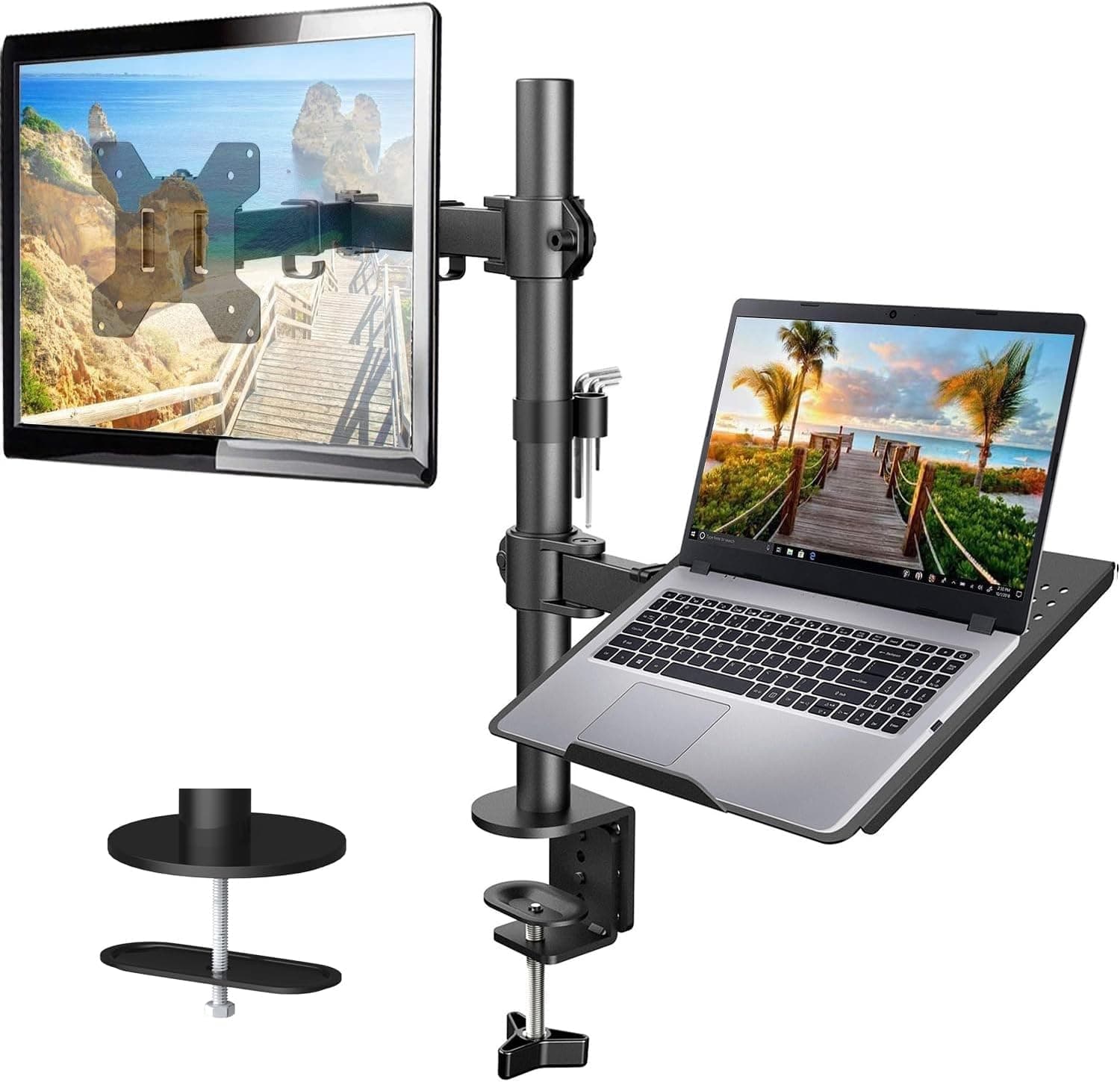 Adjustable Monitor Stand, Single Arm Desk Mount for 32 inch Screen and 17 inch Laptop, Heavy Duty Ergonomic Bracket Holds 22lbs